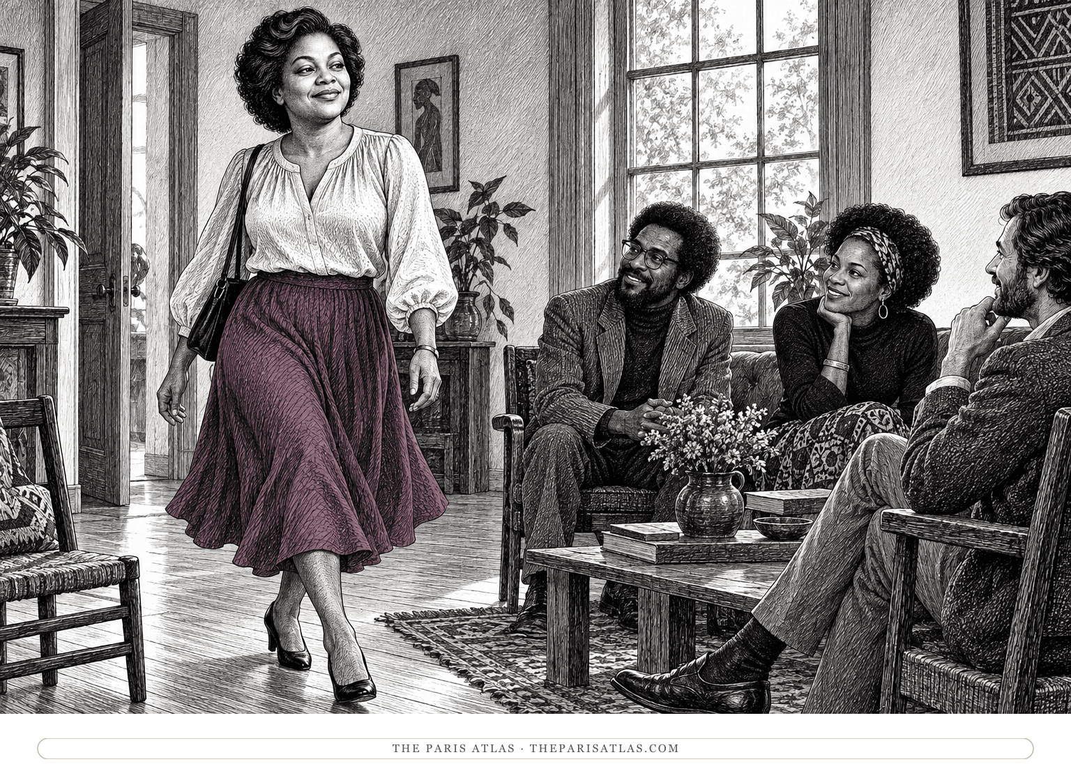 Ink illustration of the confident speaker of Phenomenal Woman entering a room, with muted plum color following her skirt’s movement.