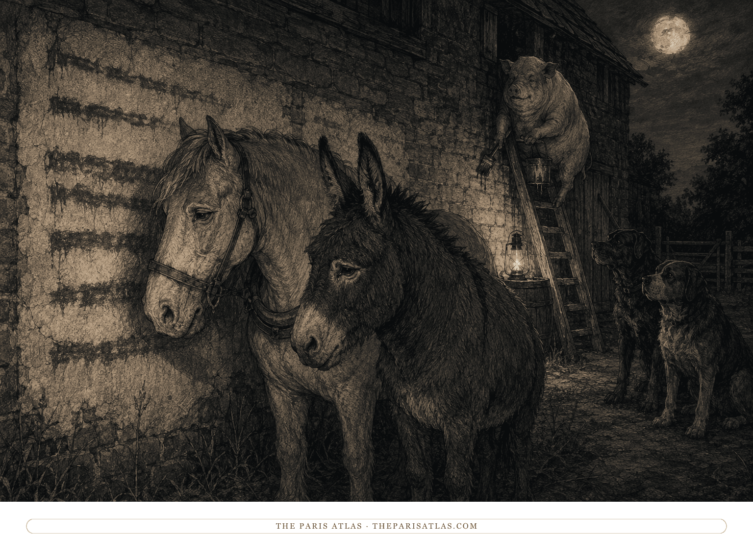 Pen-and-ink night illustration of Clover and Benjamin beside the barn wall while Squealer descends a ladder with paint and two guard dogs watch