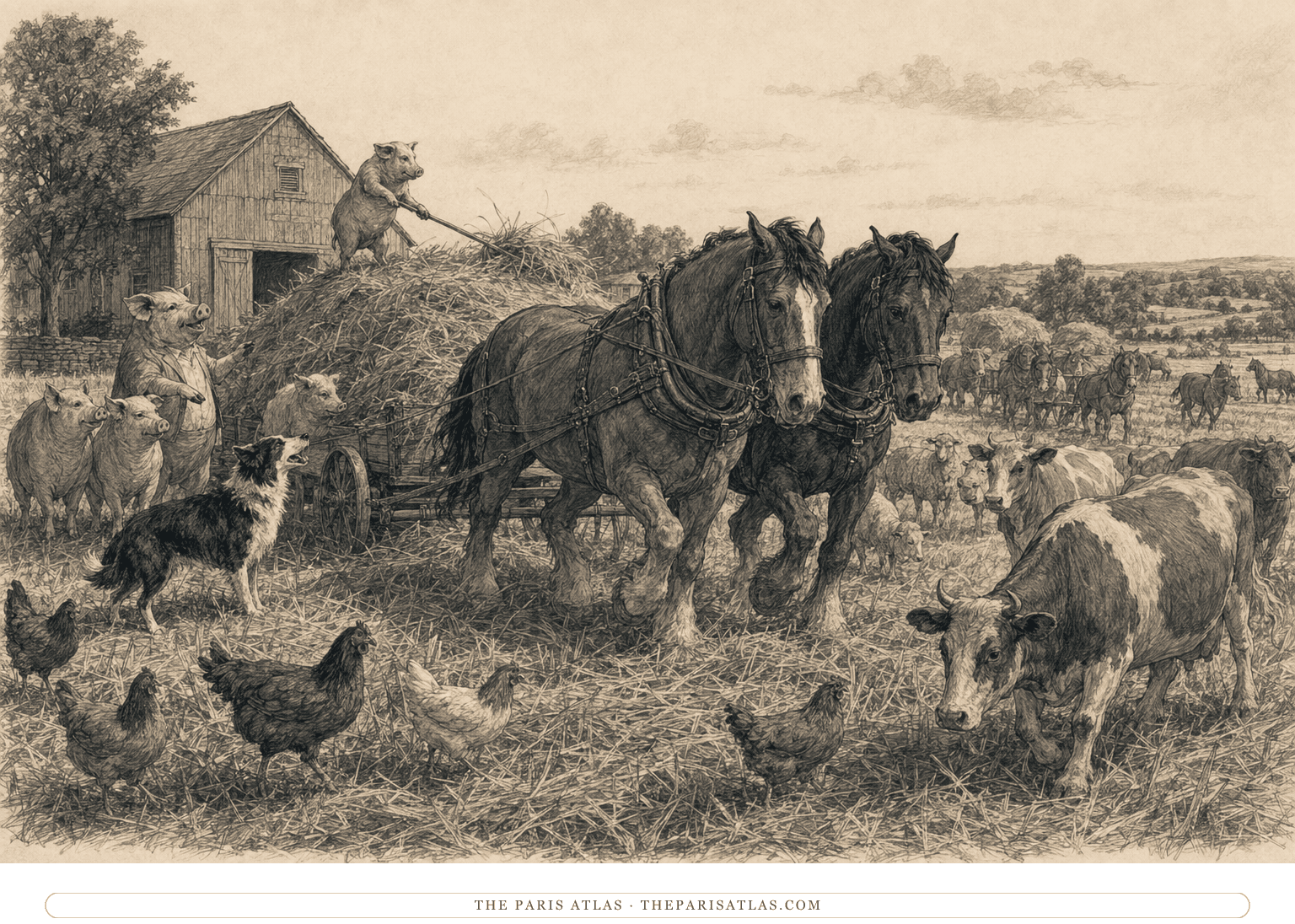 Pen-and-ink illustration of Boxer and Clover pulling a hay cart while cows, sheep, hens, and other animals bring in their first harvest after the rebellion