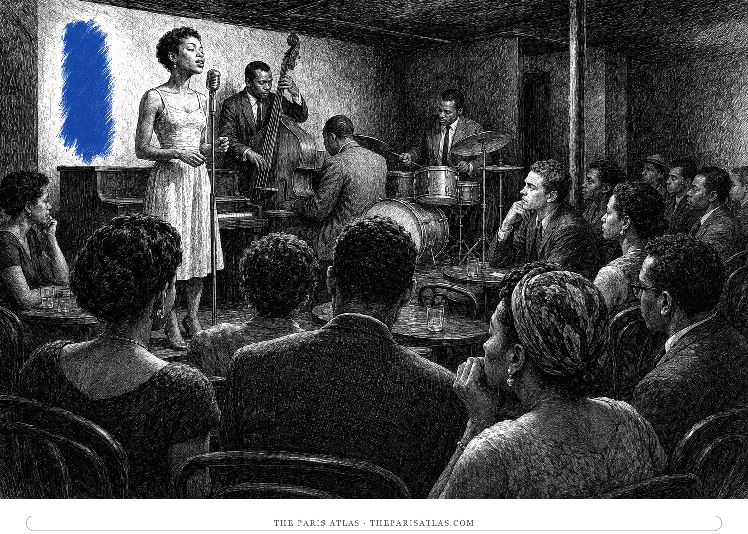 Ida Scott sings beside a jazz trio in a Village club beneath a short blue vertical brushstroke.