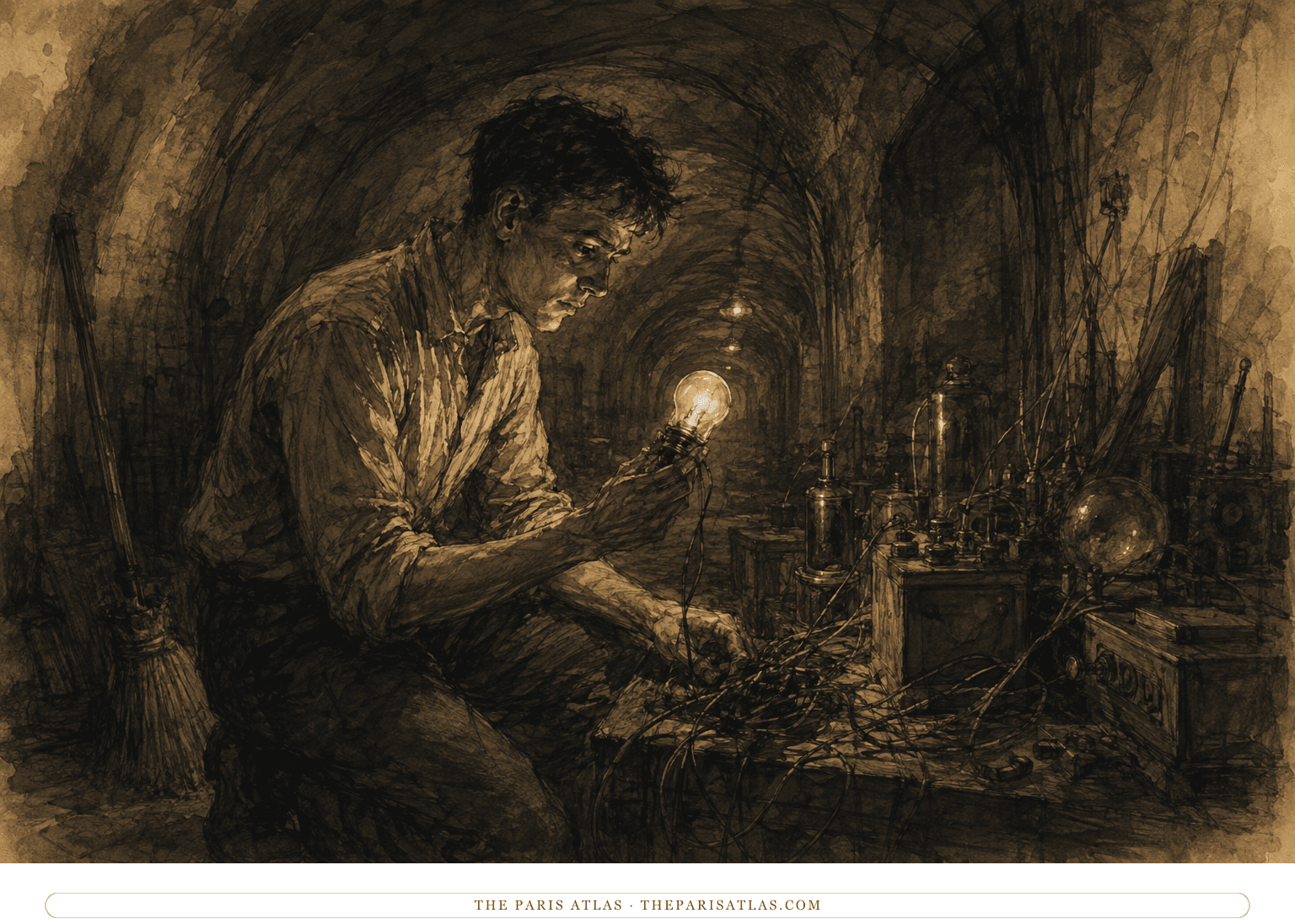 Equality 7-2521 studies an electric light in his hidden underground tunnel