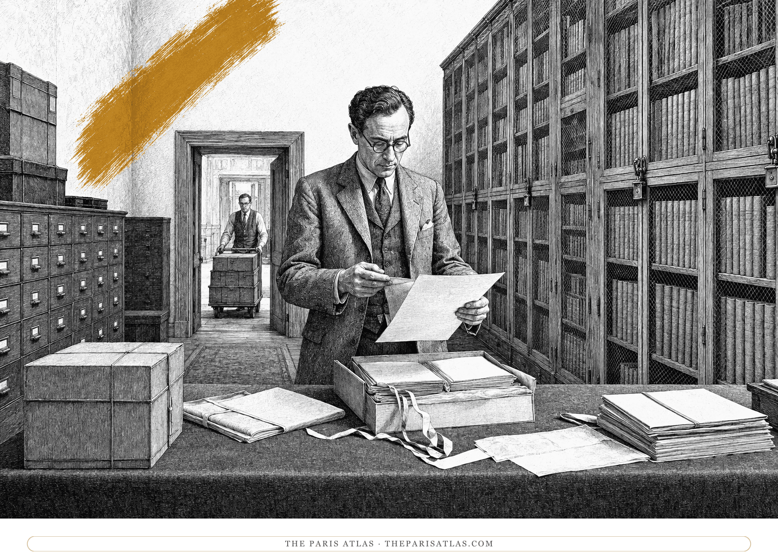 Felix Pollak examines Anaïs Nin’s manuscript folders in a rare-books room beneath a mustard descending brushstroke.