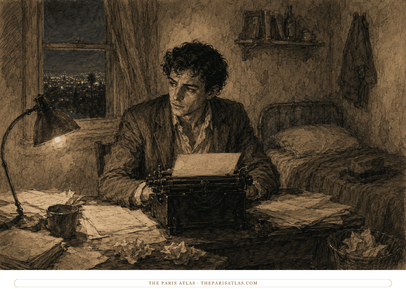 Arturo Bandini sits at a small desk with a typewriter and manuscripts in a cheap Los Angeles hotel room