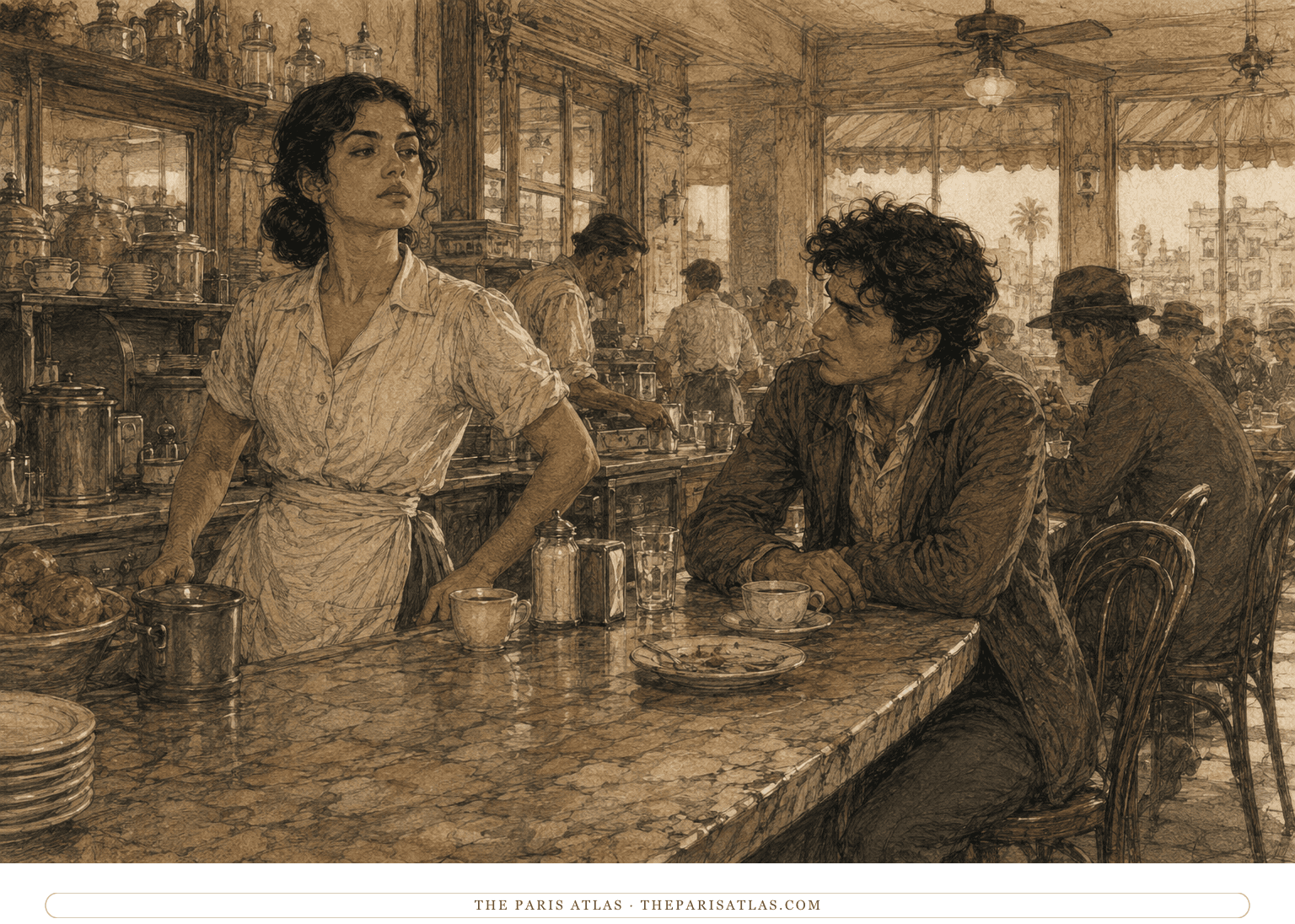 Camilla Lopez stands behind a café counter in her waitress uniform while Arturo Bandini watches from a nearby stool