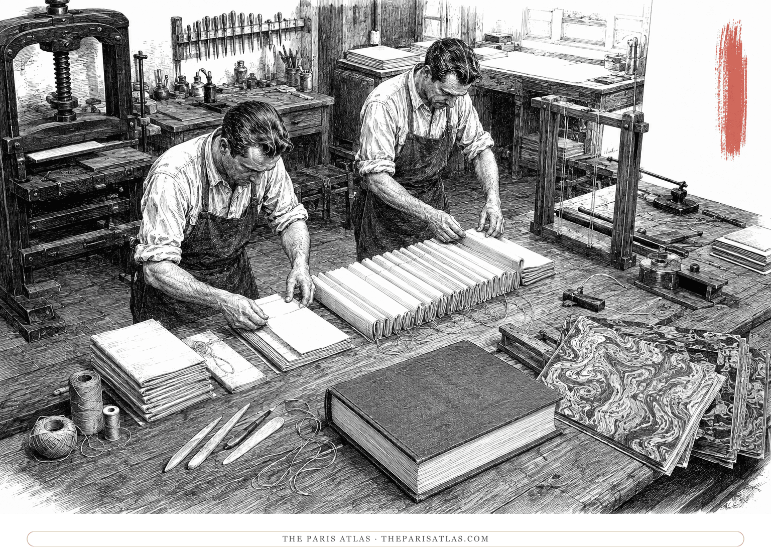 Bindery workers gather folded sections into a large collected volume beside a coral vertical brushstroke.