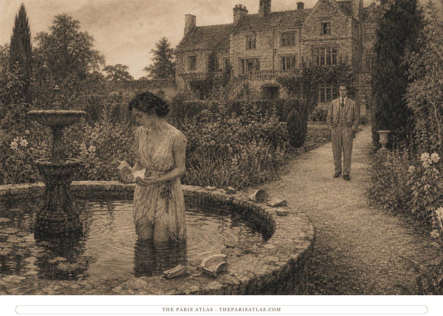 A 1930s estate fountain with a broken vase, two distant young adults, and a small observer framed in an upstairs window