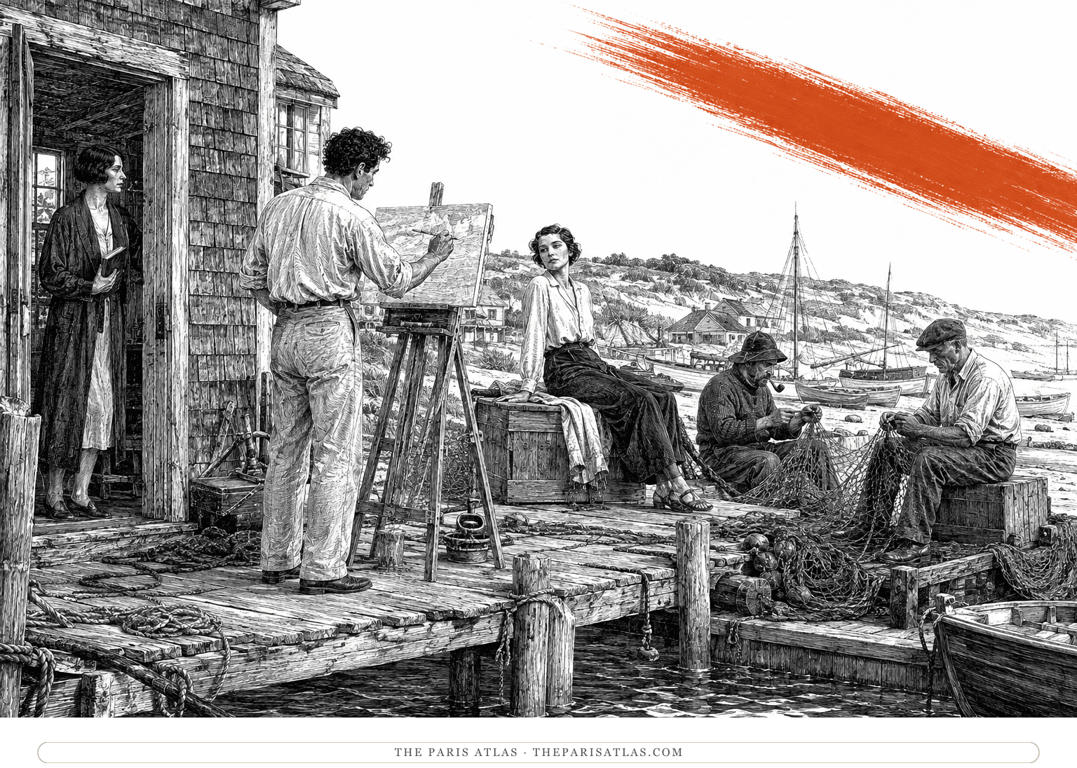Painters and fishermen mingle on a Provincetown wharf beneath a burnt-orange descending brushstroke.