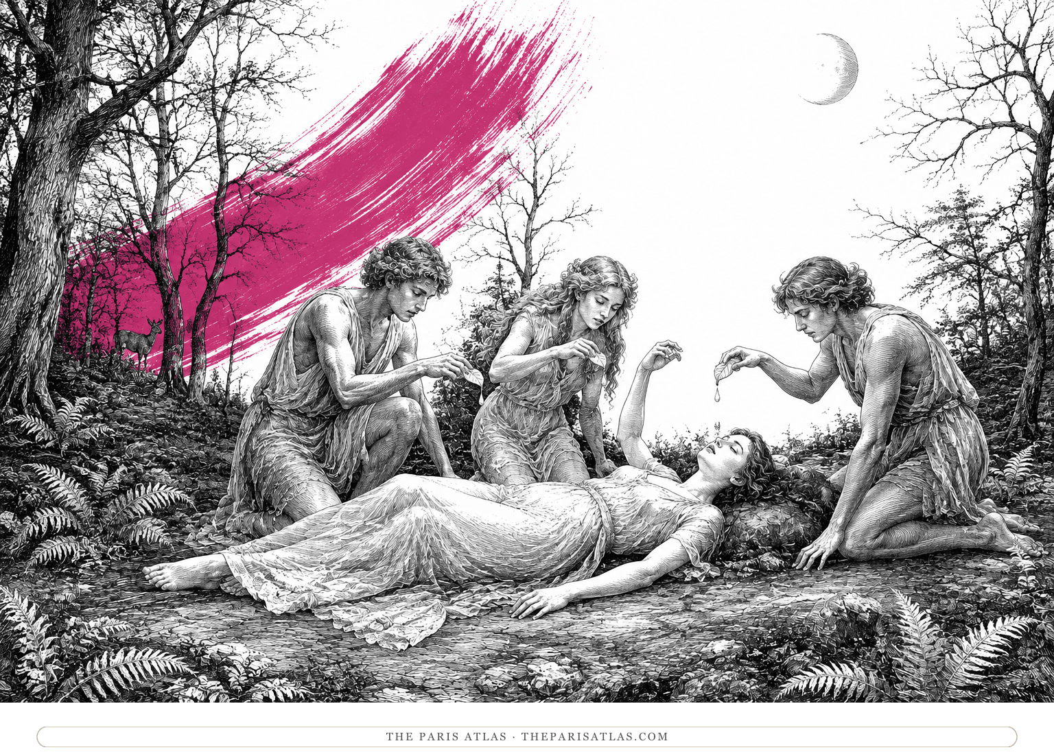 Forest spirits revive a fallen dancer with drops of moonlight beneath a curved rose-magenta brushstroke.