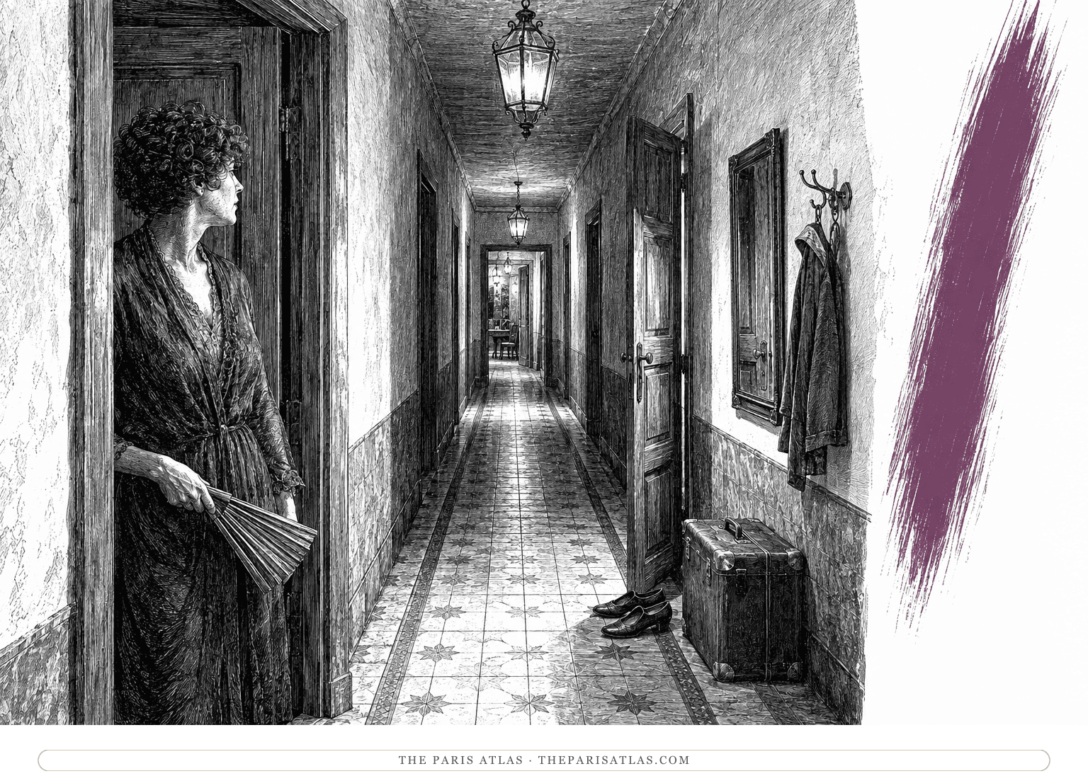A watchful narrator pauses in a shadowed pension corridor beside a narrow plum brushstroke.
