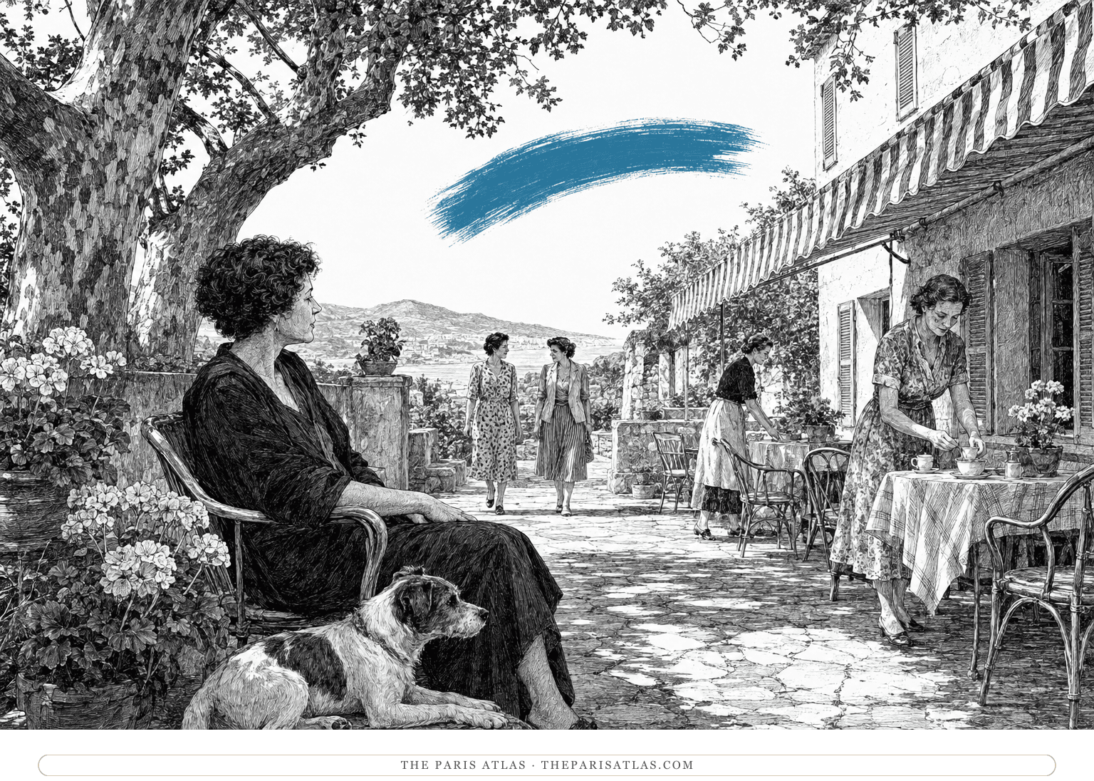 Colette watches a sunlit Riviera pension terrace beneath a sea-blue arcing brushstroke.