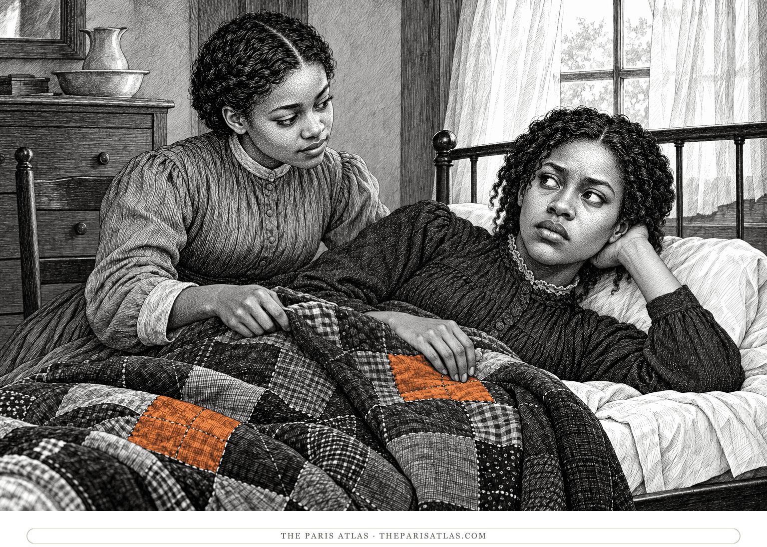 Denver arranges a dark patchwork quilt while Beloved, resting on an iron cot, reaches toward one of its two orange squares.