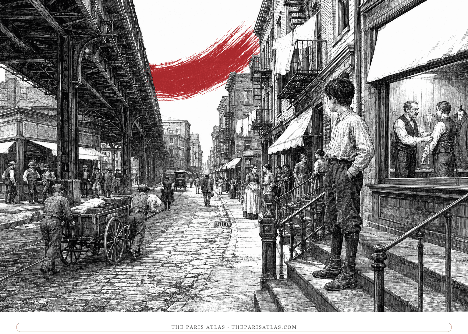 A boy watches life unfold on a Brooklyn street beneath a crimson curving brushstroke.