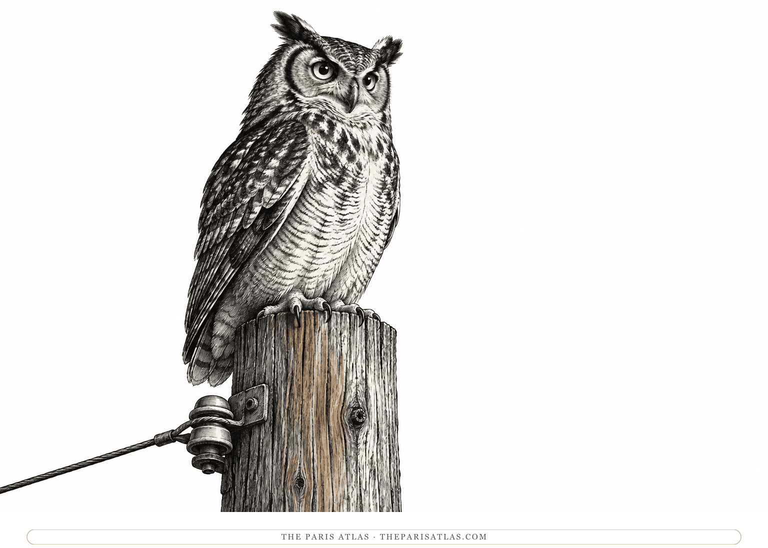 A single owl with folded wings perches on the top of a wooden telephone pole, its face illuminated.