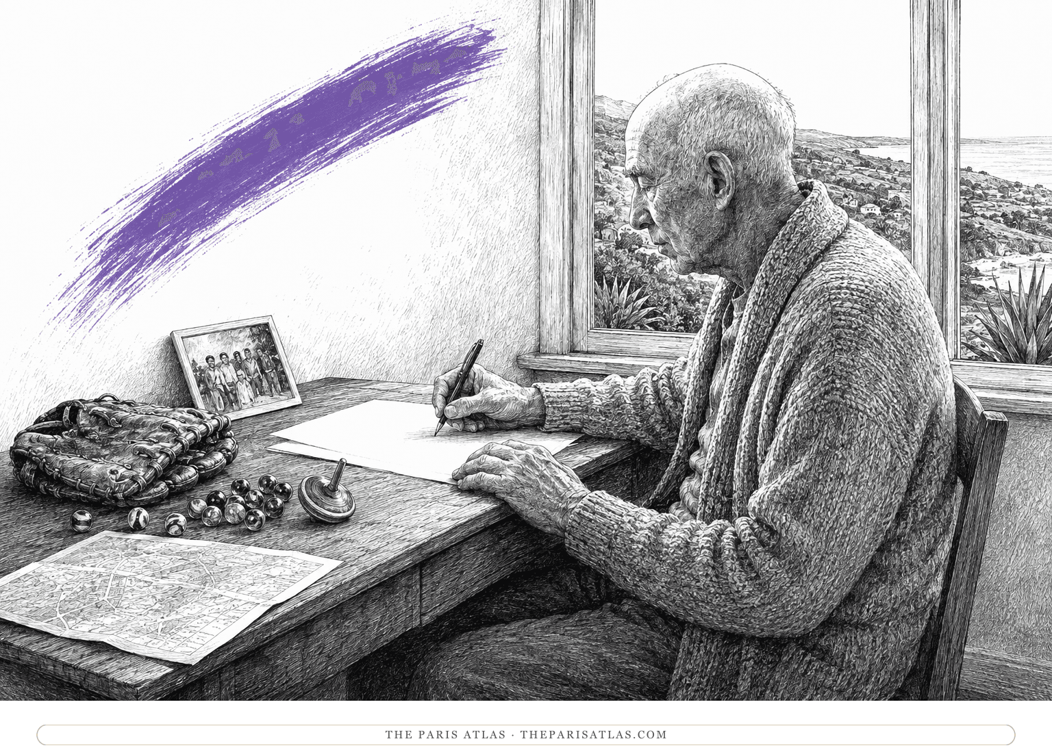 Elderly Henry Miller writes beside childhood keepsakes beneath a violet arcing brushstroke.