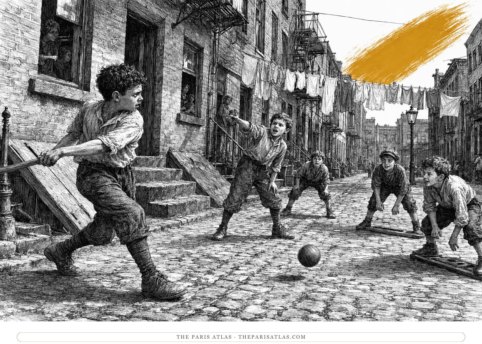 Brooklyn boys play a street game between tenements beside a saffron rising brushstroke.