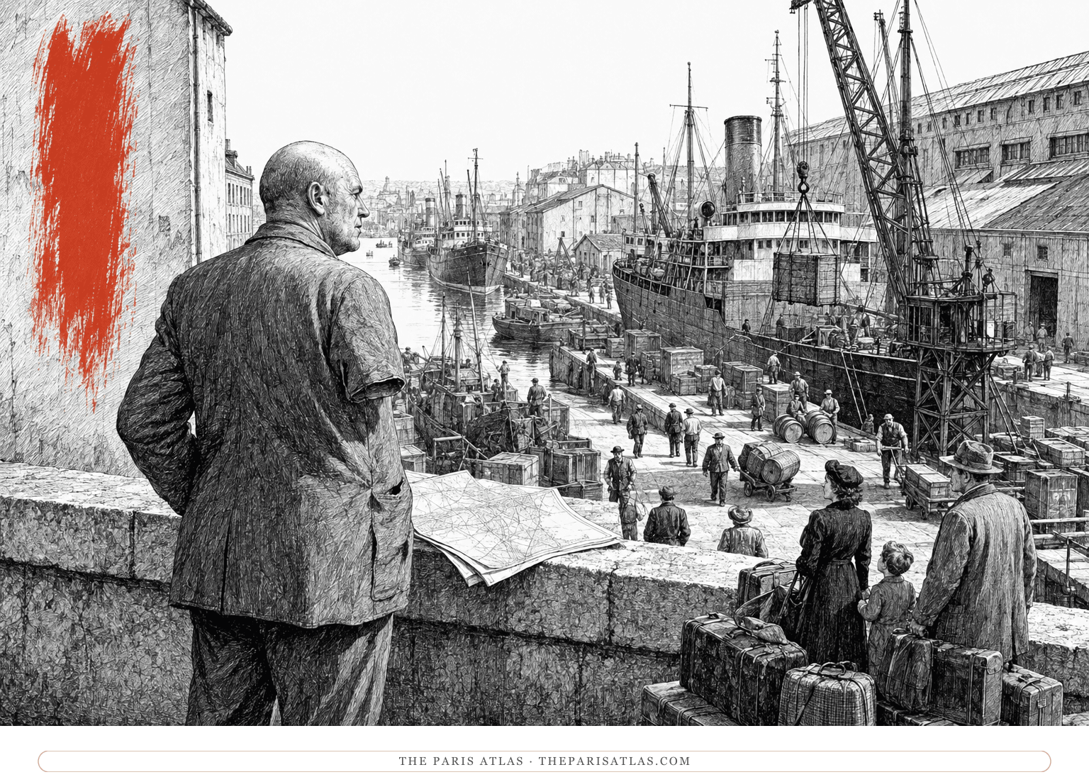 Blaise Cendrars studies a harbor from a crowded quay beside a vermilion vertical brushstroke.