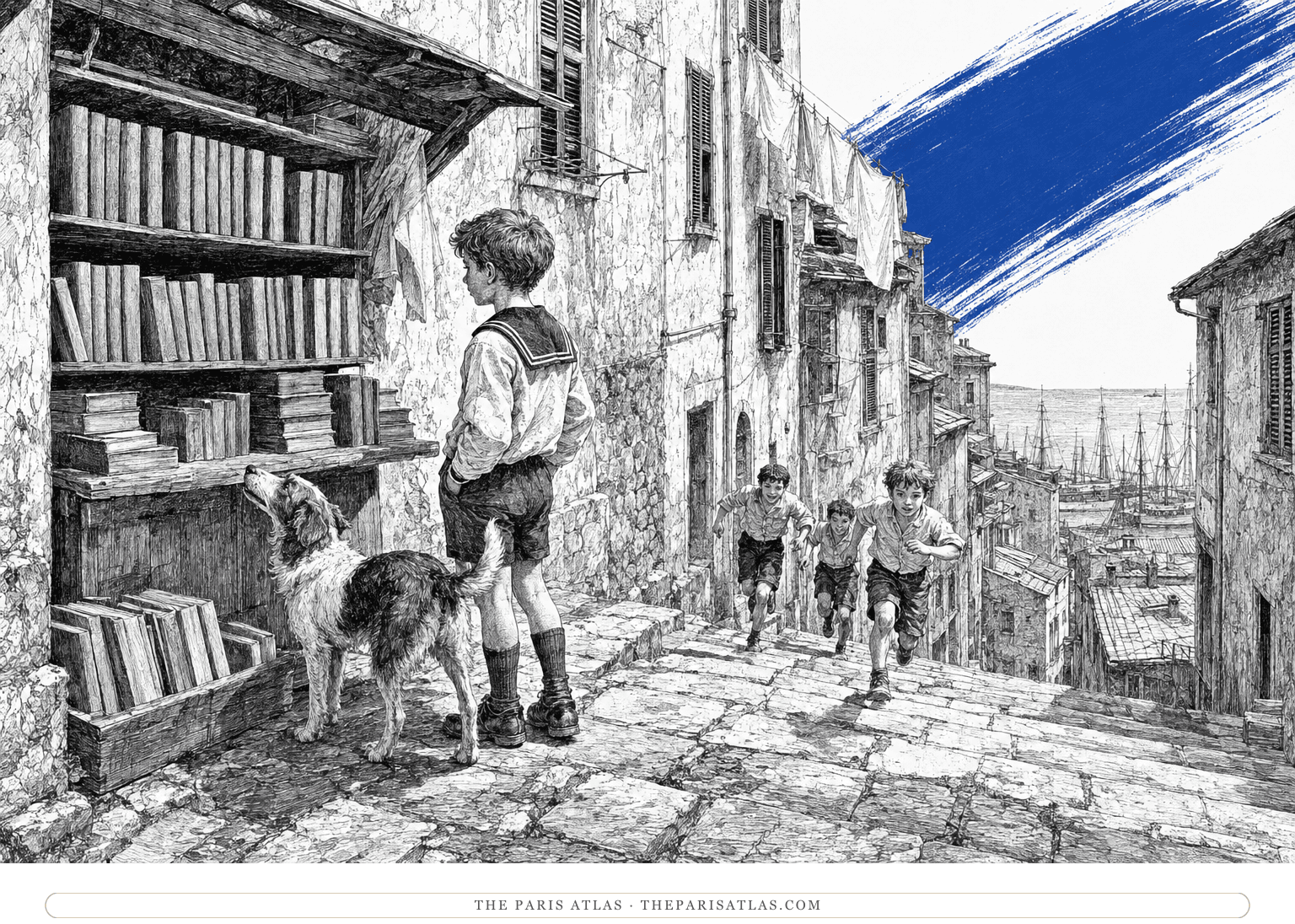 Young Freddy and his dog explore a steep Genoa lane beneath a cobalt descending brushstroke.