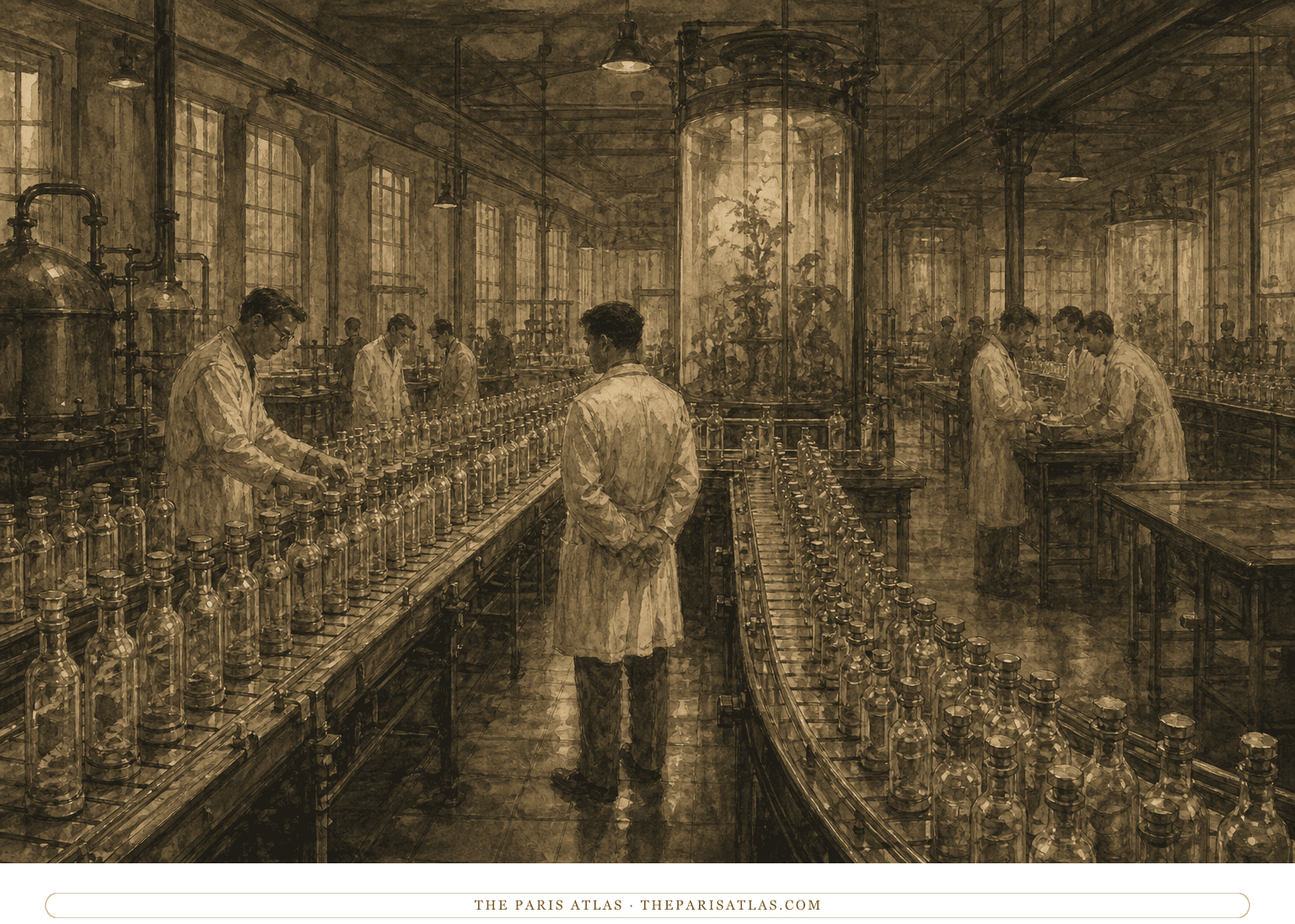 Adult technicians supervise repeating glass bottles along production lines in the Central London Hatchery