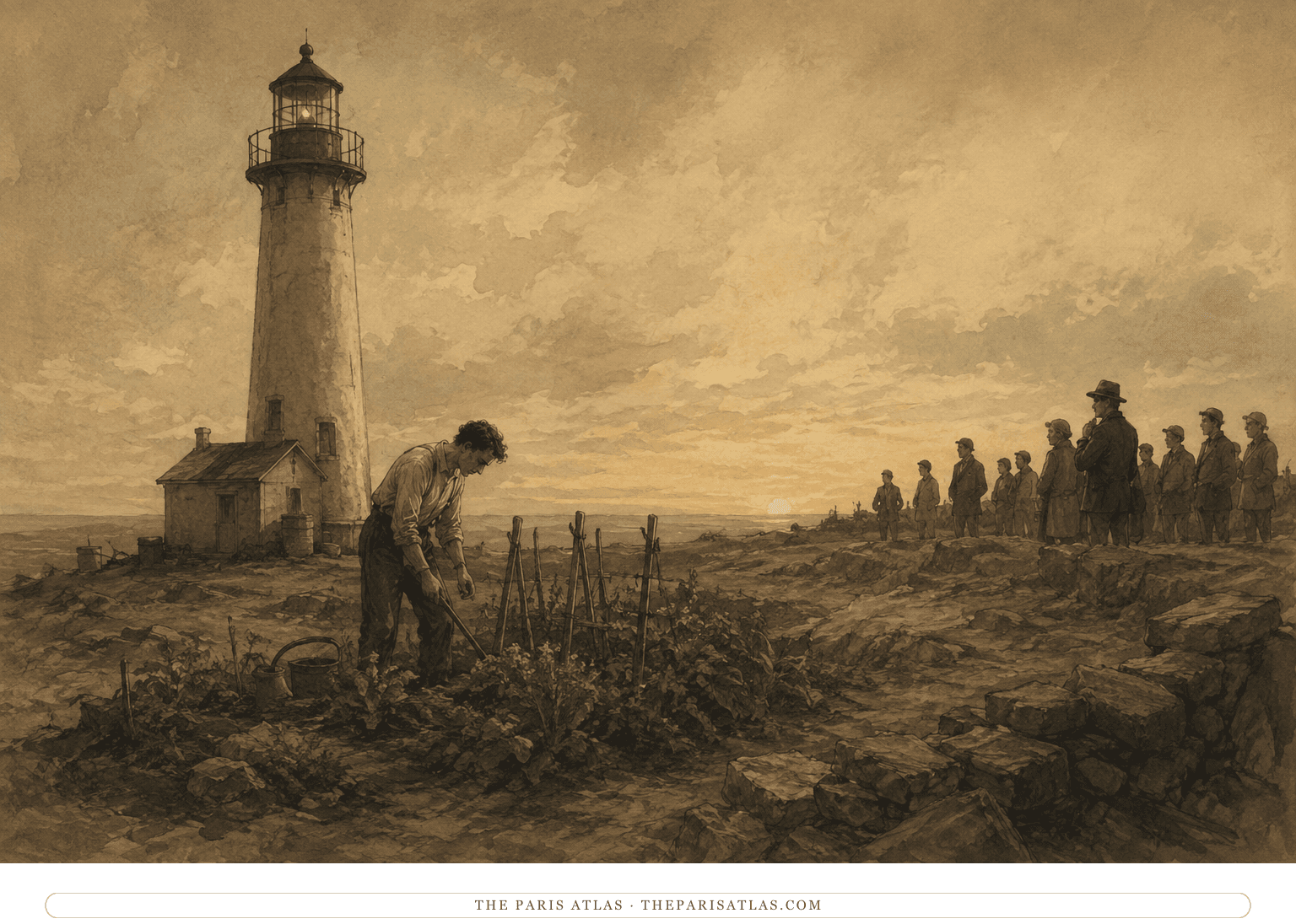 John works beside an isolated lighthouse while distant adult spectators gather at the edge of the landscape