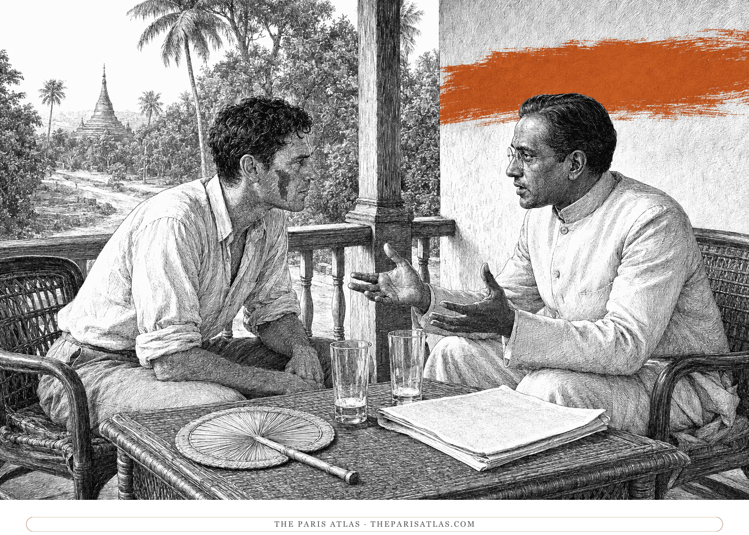 Flory and Dr Veraswami debate on a Burmese veranda beneath a burnt-orange horizontal brushstroke.