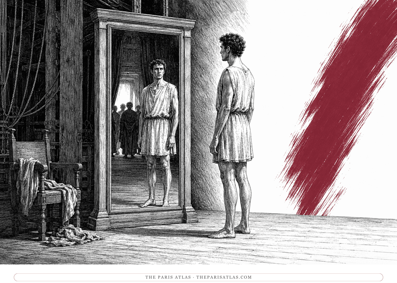 Caligula confronts a tall mirror while conspirators gather in reflection beside a wine-red descending brushstroke.
