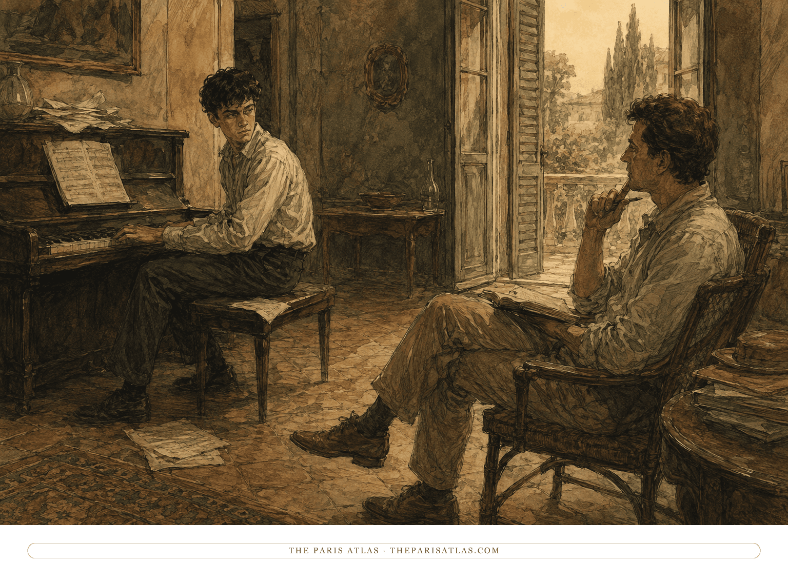 A dark-haired teenage pianist turns toward a young scholar listening from a separate chair in a shaded northern Italian villa with open shutters
