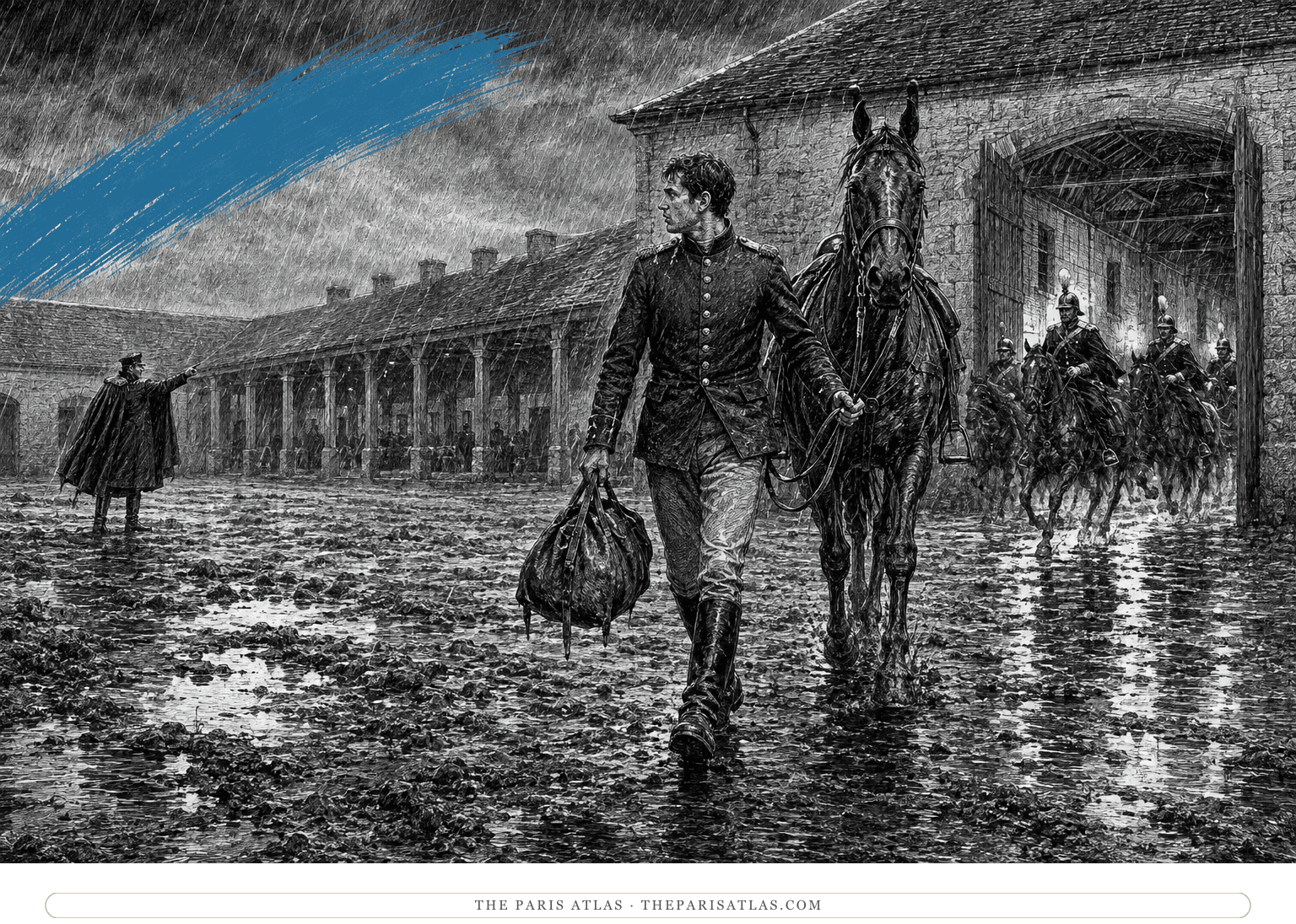 Young Ferdinand enters a cavalry barracks in heavy rain beneath an icy-blue rising brushstroke.