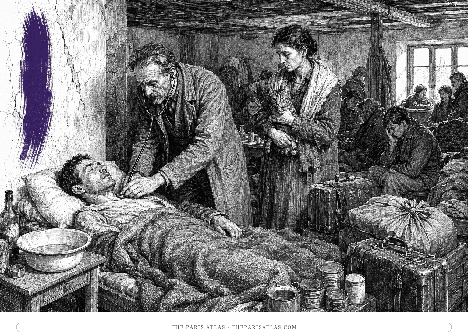 Céline tends a patient in the crowded Löwen hotel while Lili holds Bébert beside a violet vertical brushstroke.