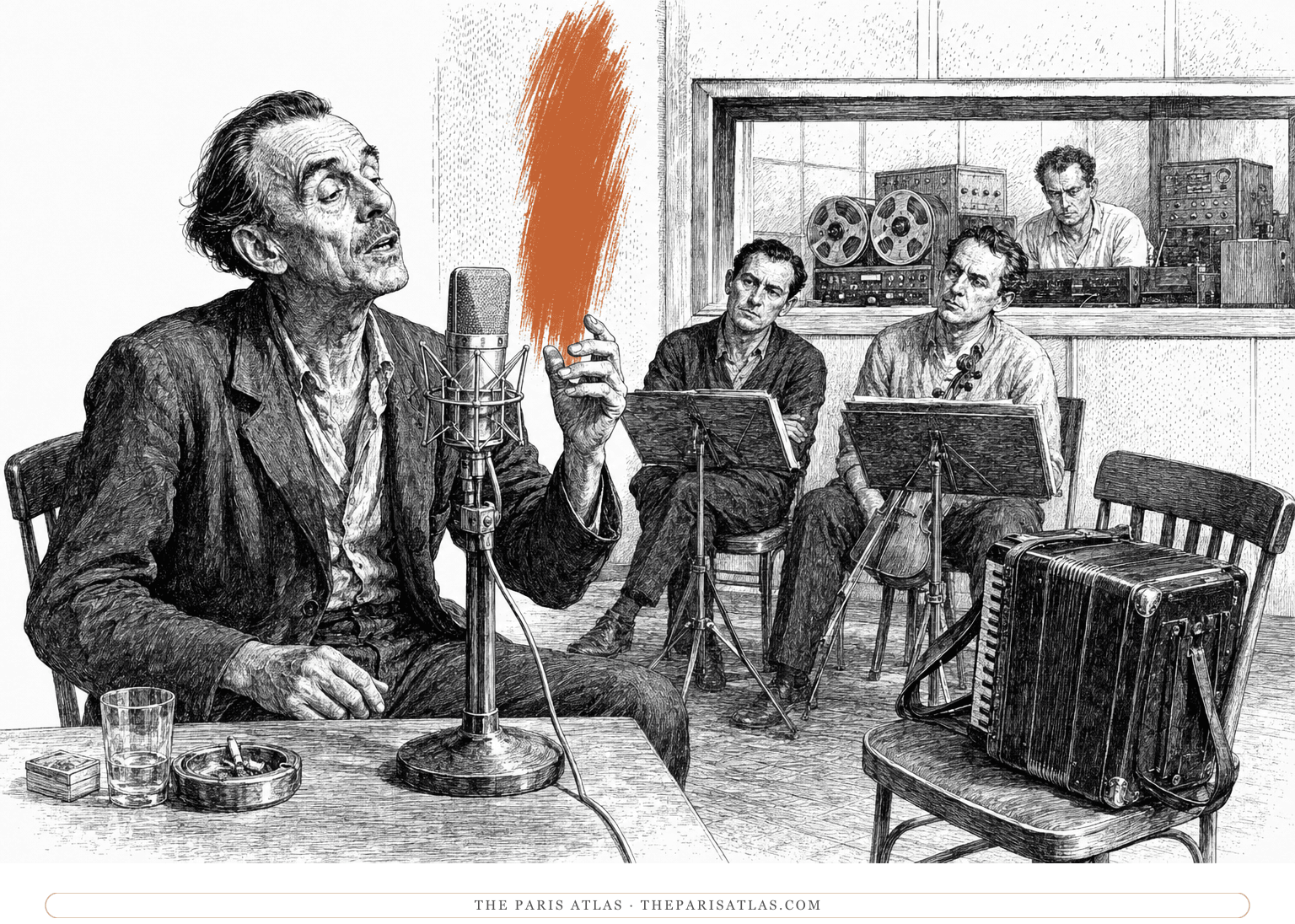 An elderly man sings into a studio microphone while performers and an engineer listen, beside a vertical rust-orange brushstroke.