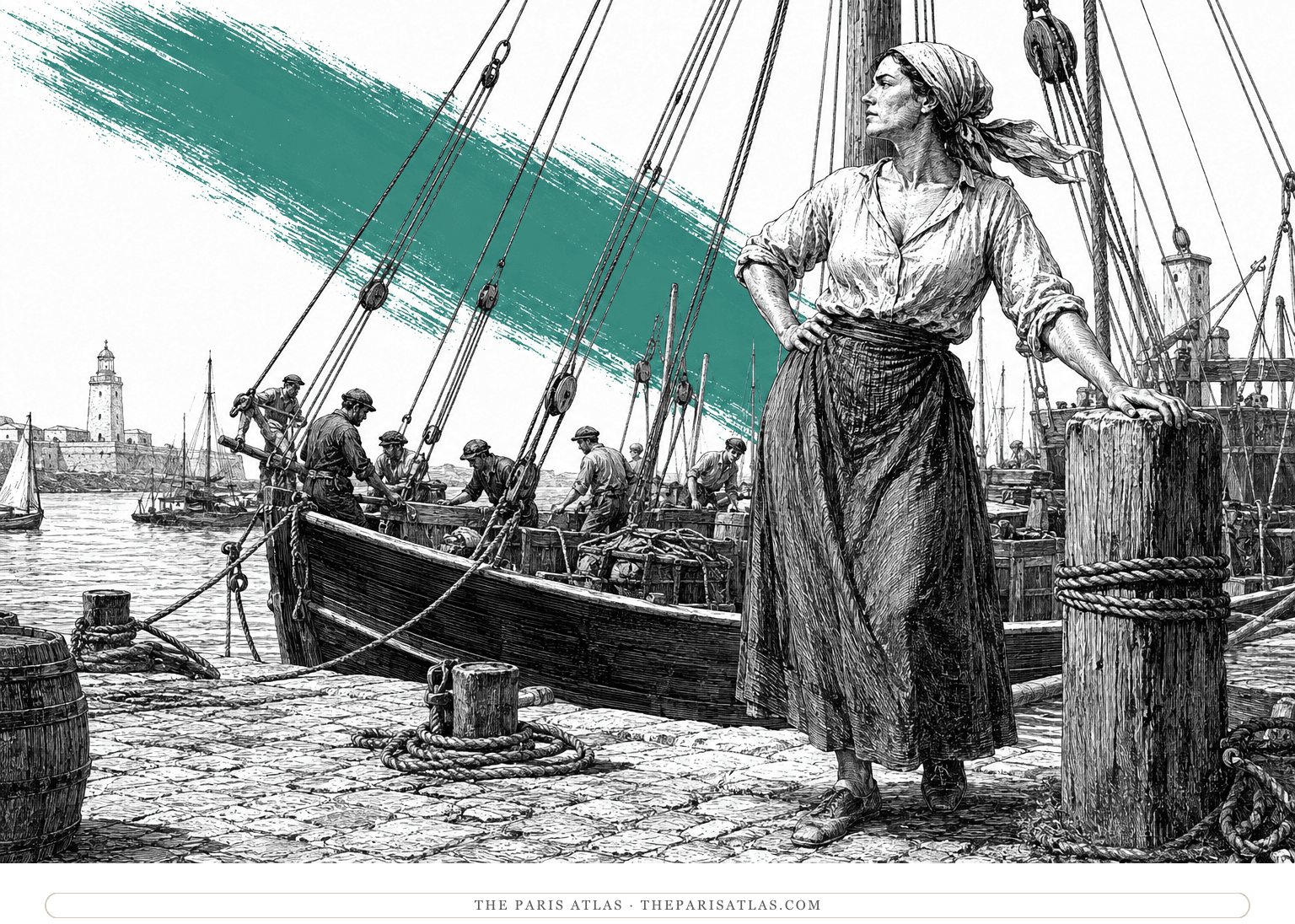 A woman stands confidently on a harbor quay as sailors work among ship rigging beneath a sea-green brushstroke.