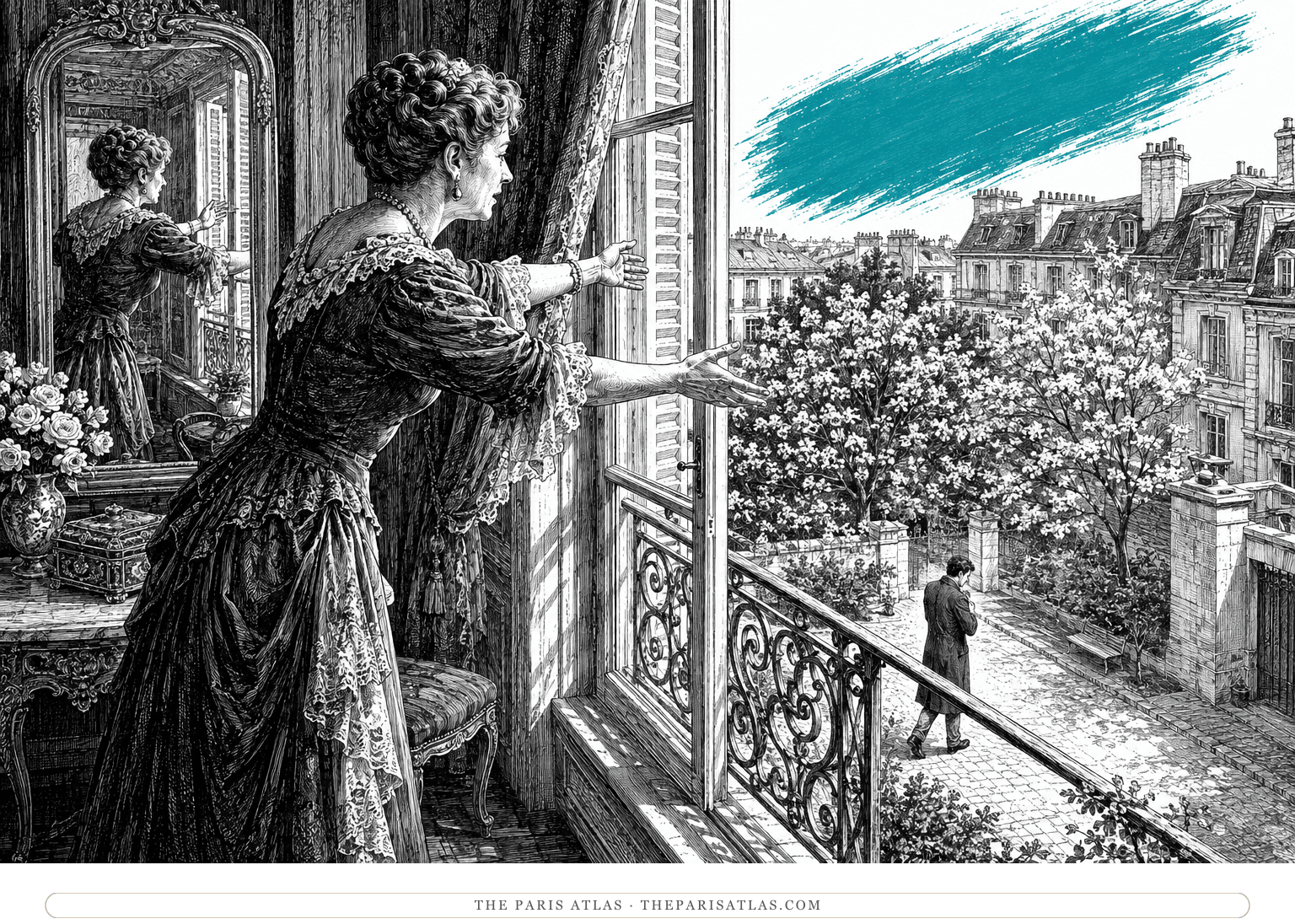 Léa reaches from a window as Chéri leaves the courtyard beneath a turquoise rising brushstroke.