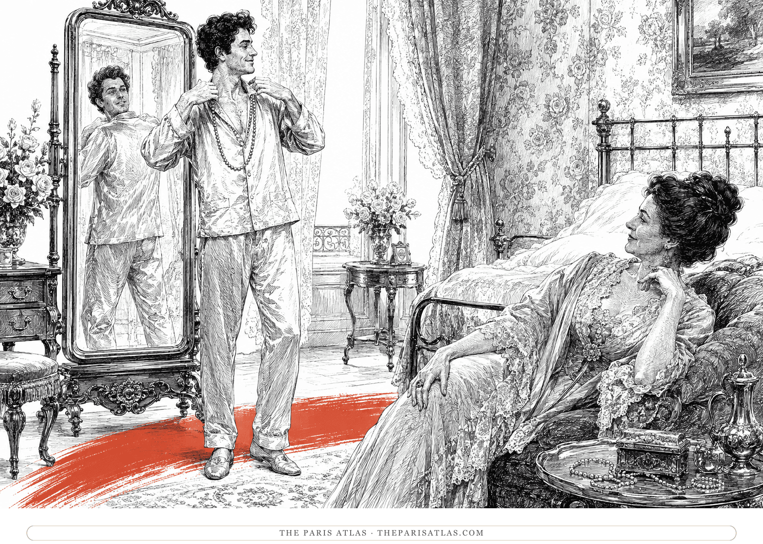 Chéri wears Léa’s pearls before a bedroom mirror while she watches above a coral-red low arcing brushstroke.