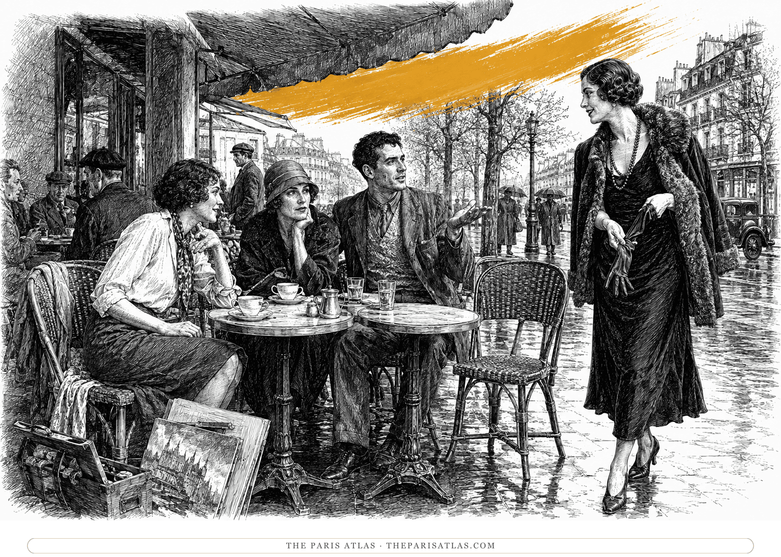 Djuna’s circle gathers at a Paris café beneath an amber wing-like arcing brushstroke.