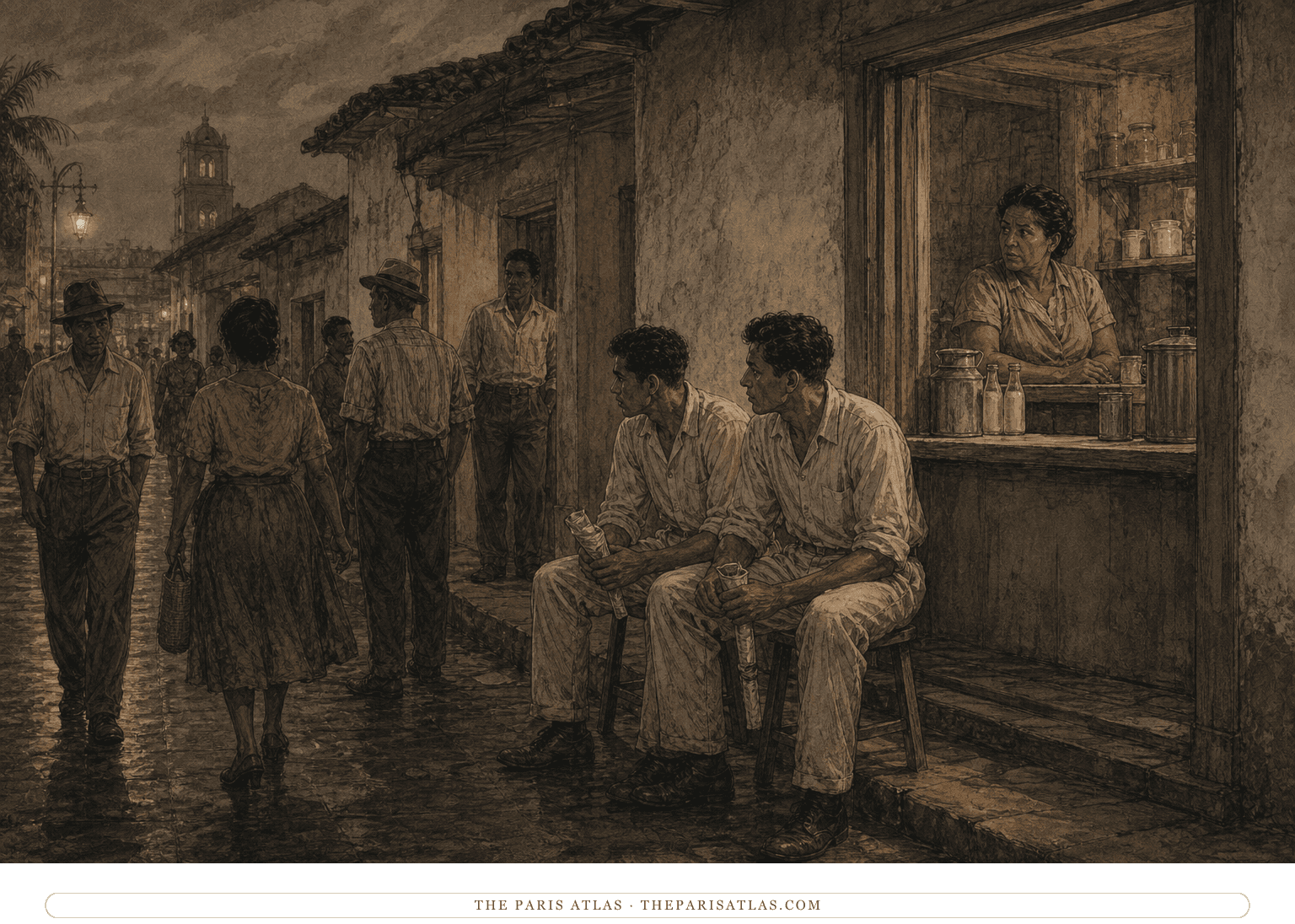 Pedro and Pablo Vicario wait conspicuously outside Clotilde Armenta’s shop before dawn while townspeople pass nearby