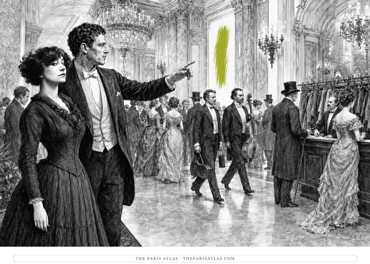 Renaud guides Claudine, modeled on young Colette, through a concert foyer beside a chartreuse vertical brushstroke.