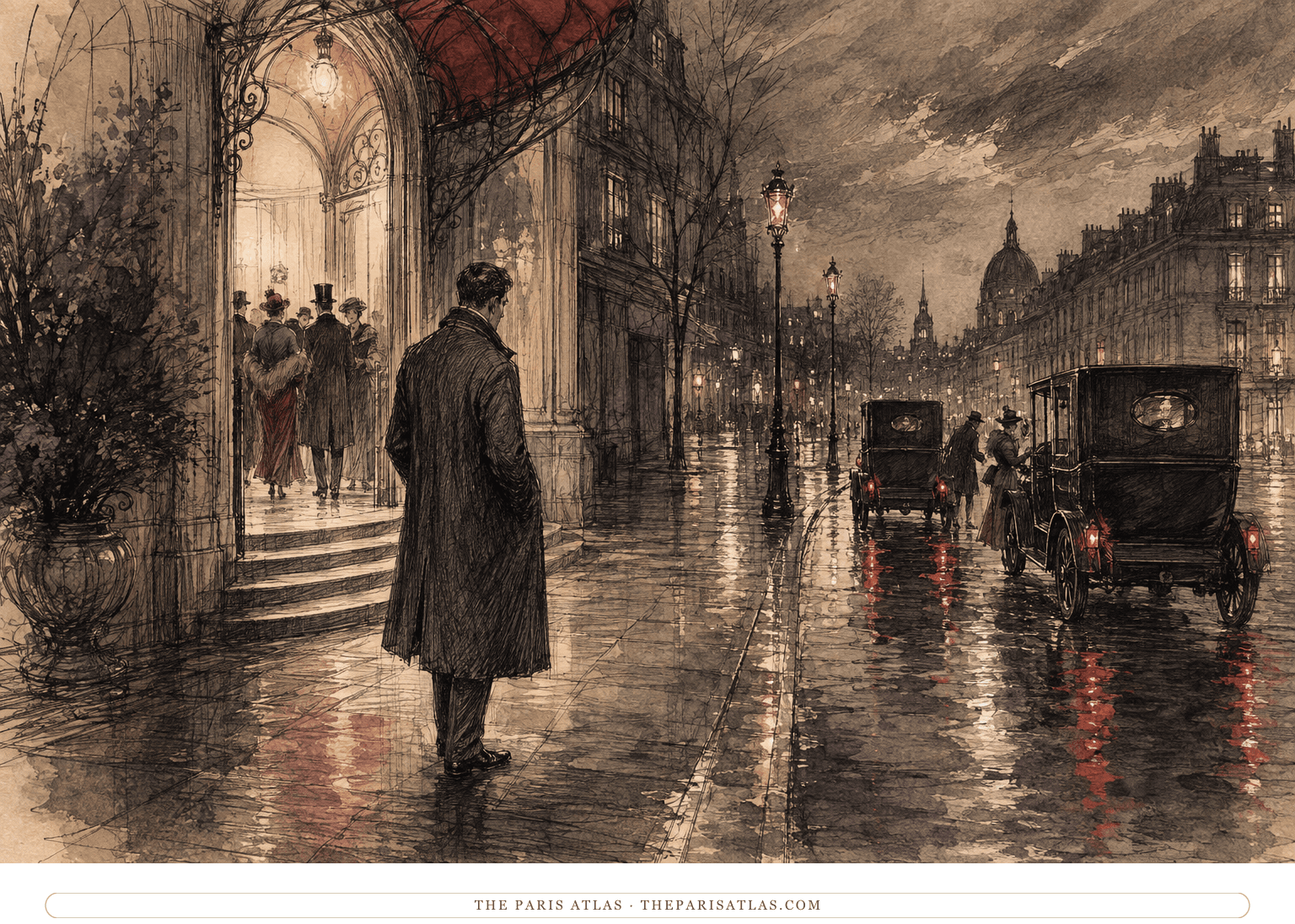 Tito steps into a cold Paris night while fashionable companions disappear into waiting taxis