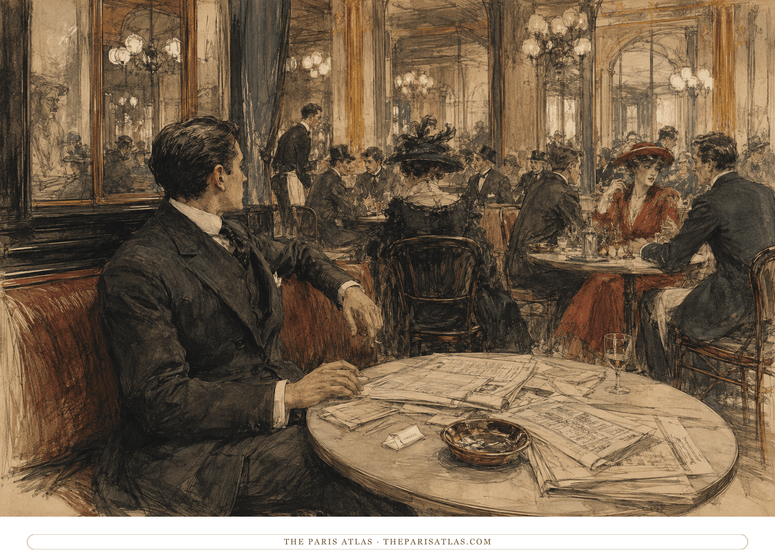 Tito Arnaudi watches elegant patrons from a Paris café table scattered with newspaper pages