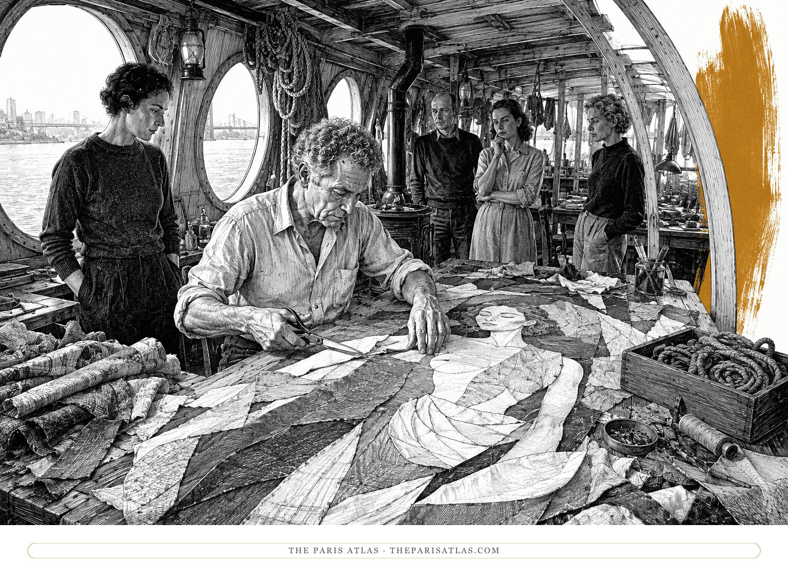 A cloth collagist cuts fabric at a broad table inside a converted ferryboat beside a vertical saffron brushstroke.