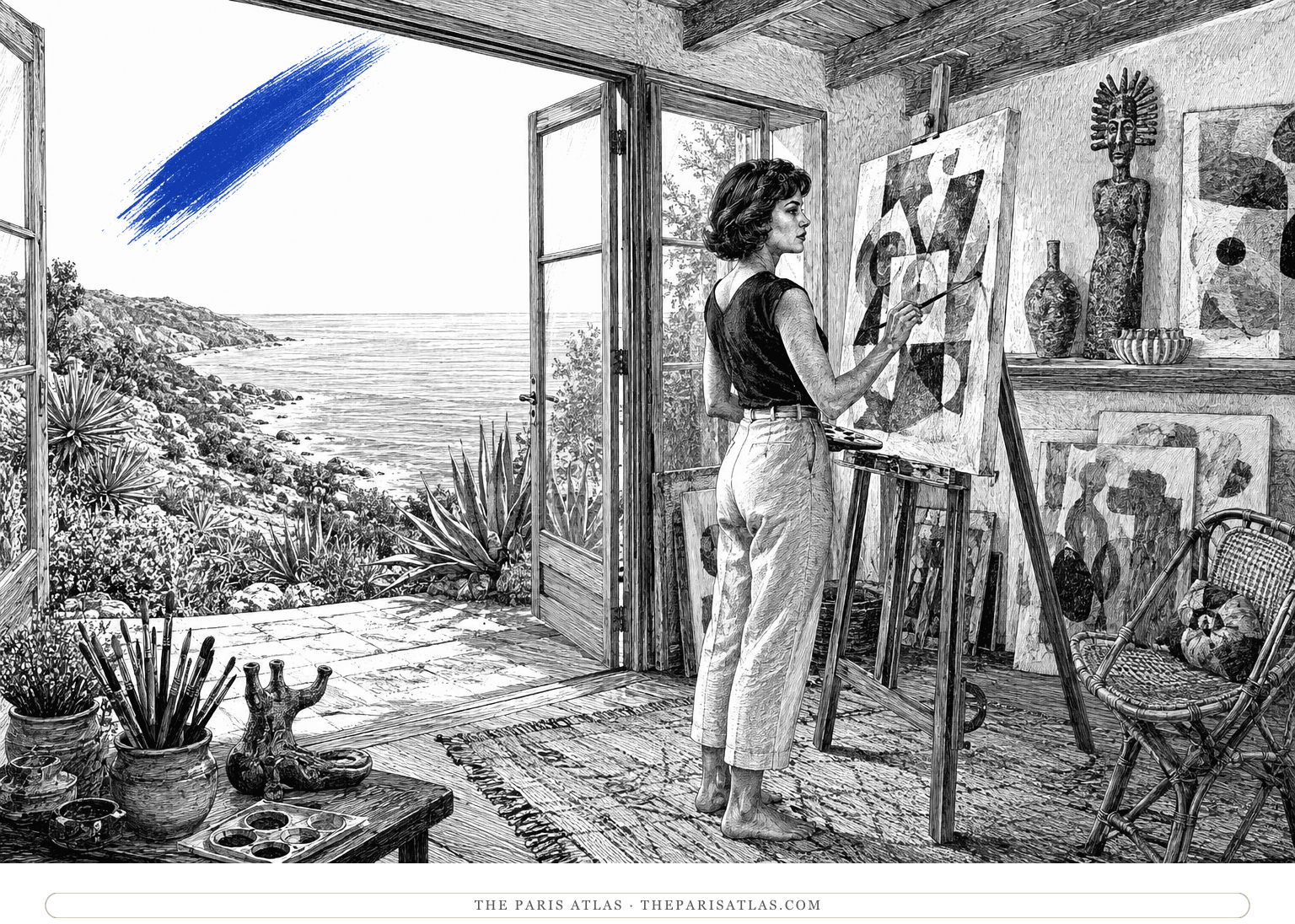 Renate paints in a Malibu studio overlooking the Pacific as an ultramarine brushstroke rises through the open sky.