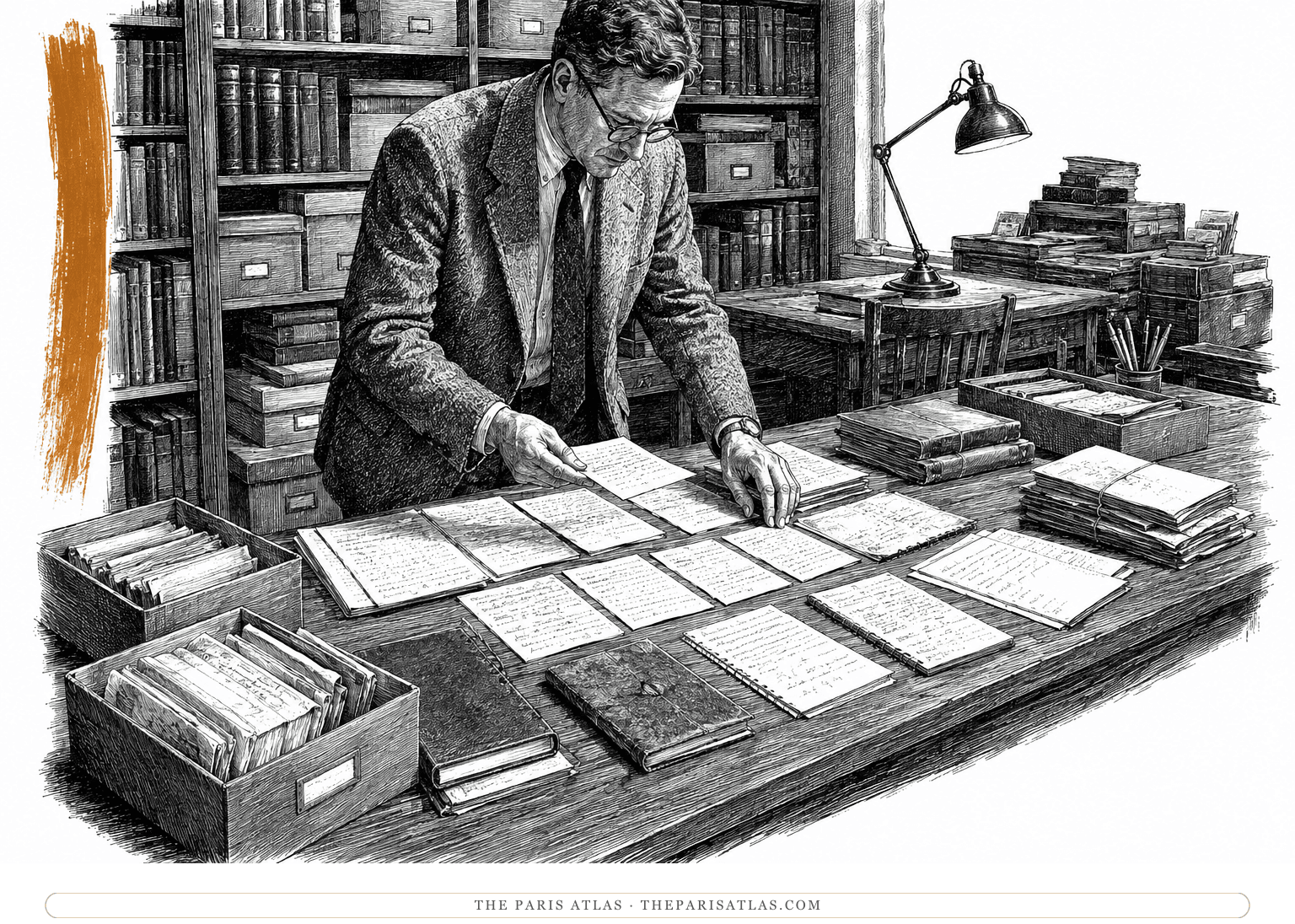 A scholarly editor arranges scattered manuscripts and notebooks across an archive table beside a vertical burnt-orange brushstroke.