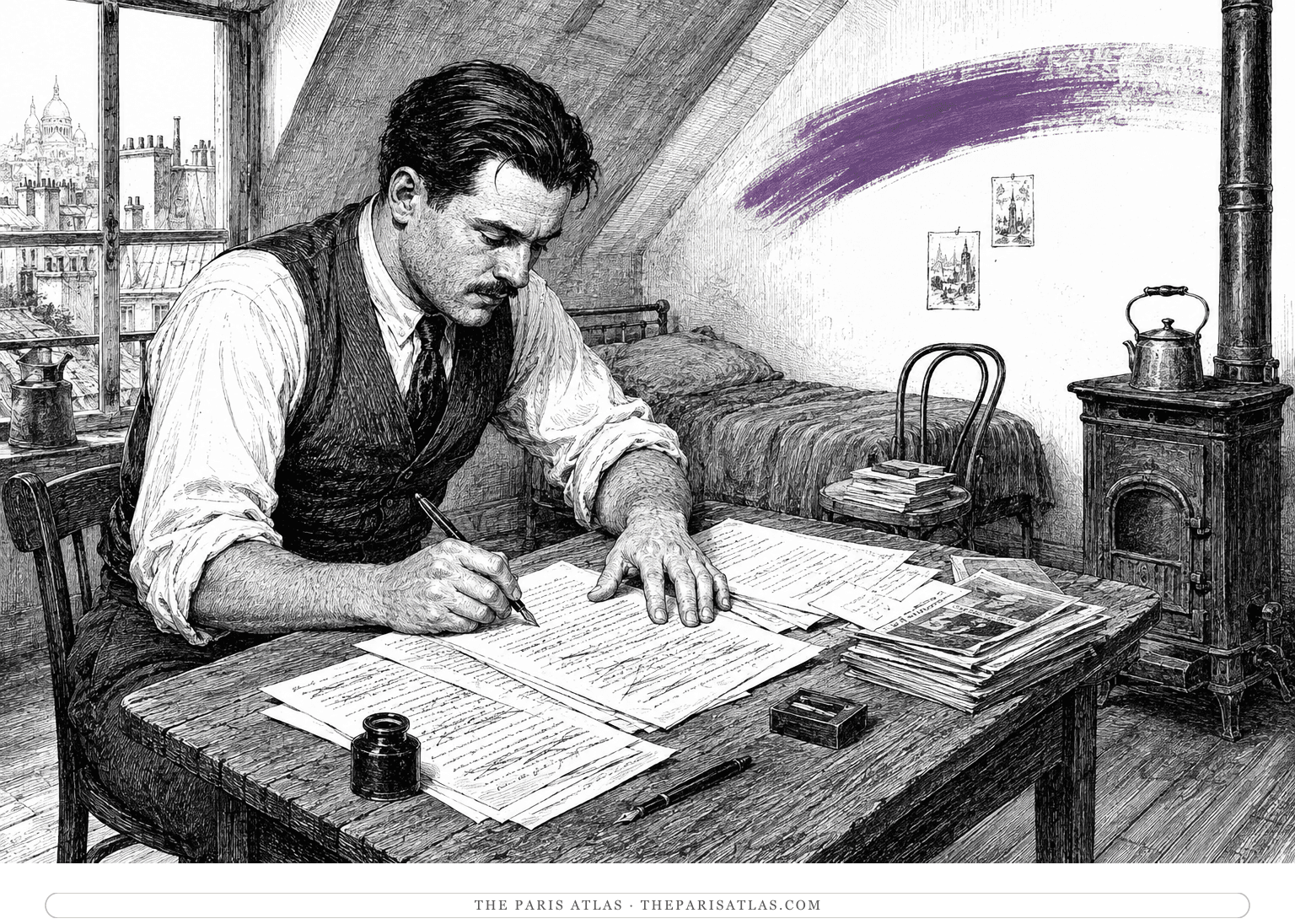 Young Hemingway revises manuscript pages in a spare Paris room beneath a broad violet brushstroke.