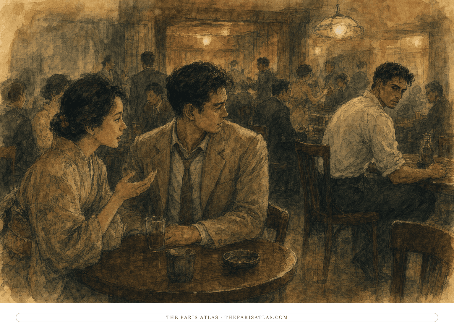Kochan turns away from Sonoko toward a young man across a crowded postwar Japanese café