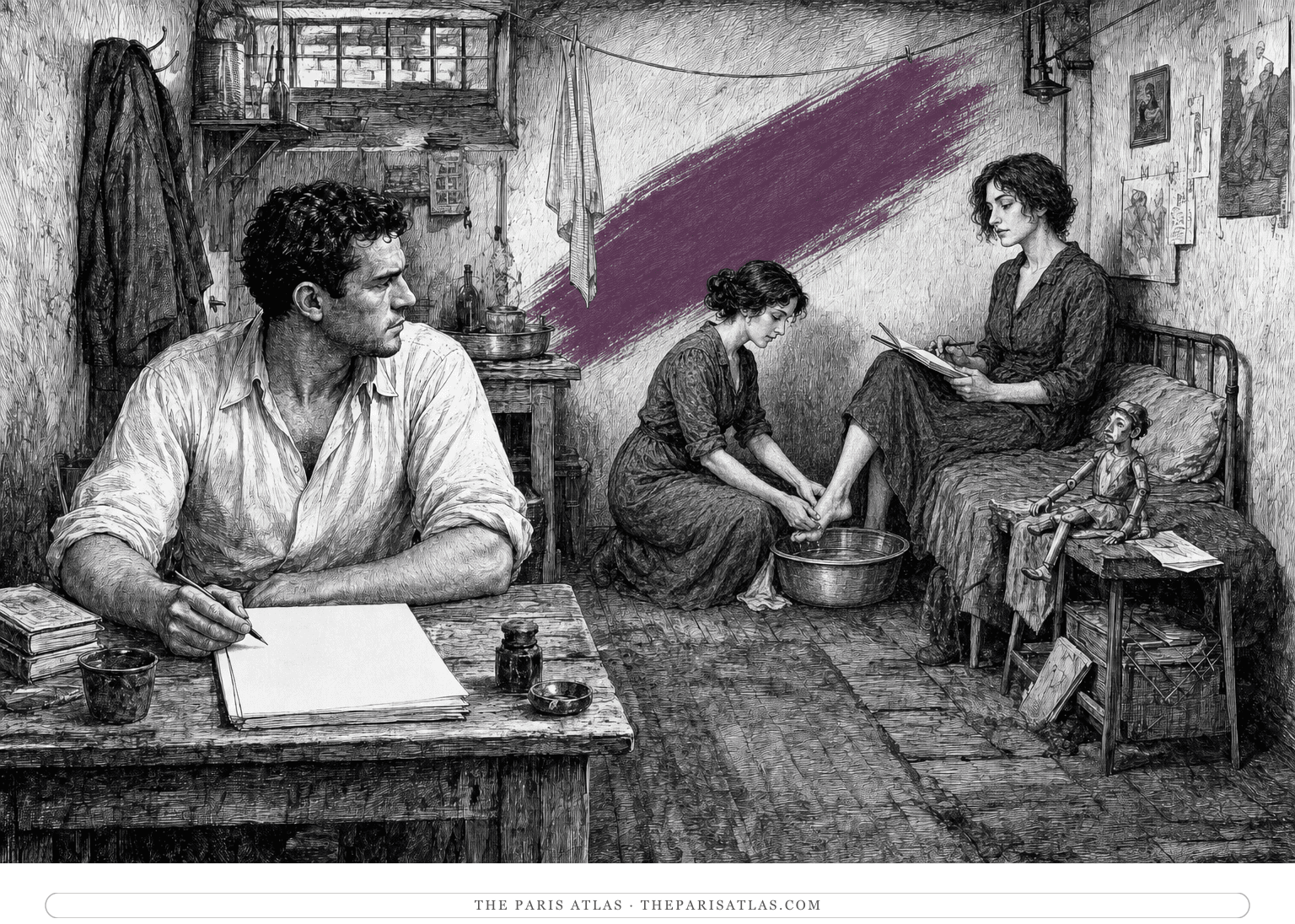 Tony watches from a blank manuscript as Hildred washes Vanya’s feet beneath a smoky-plum diagonal brushstroke.