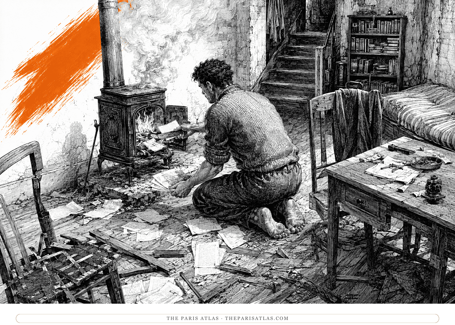 Tony kneels amid broken furniture and feeds manuscript pages into a stove beside a rising ember-orange brushstroke.