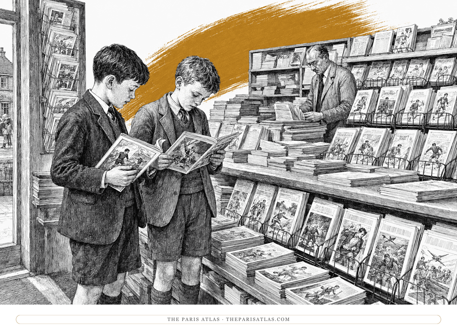 Two boys read illustrated papers at a shop counter while a shopkeeper sorts stacks behind them, beneath a diagonal mustard brushstroke.