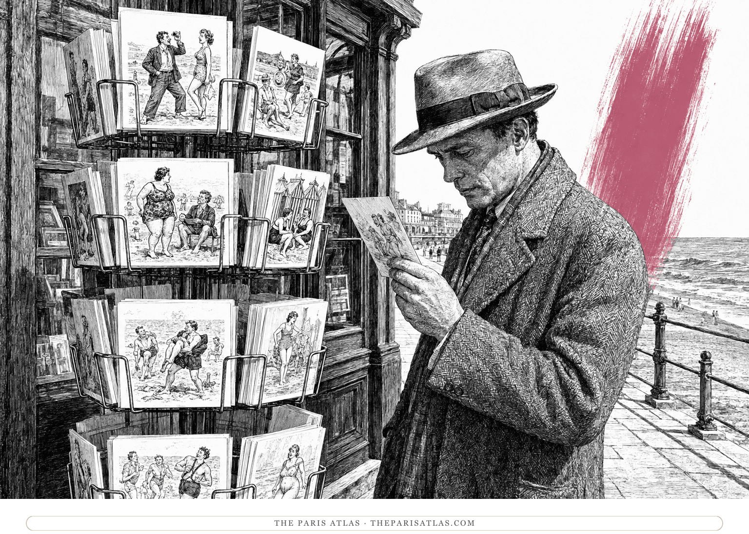 A visitor examines a card beside a rack of seaside cartoons, with the promenade beyond and a near-vertical raspberry brushstroke.