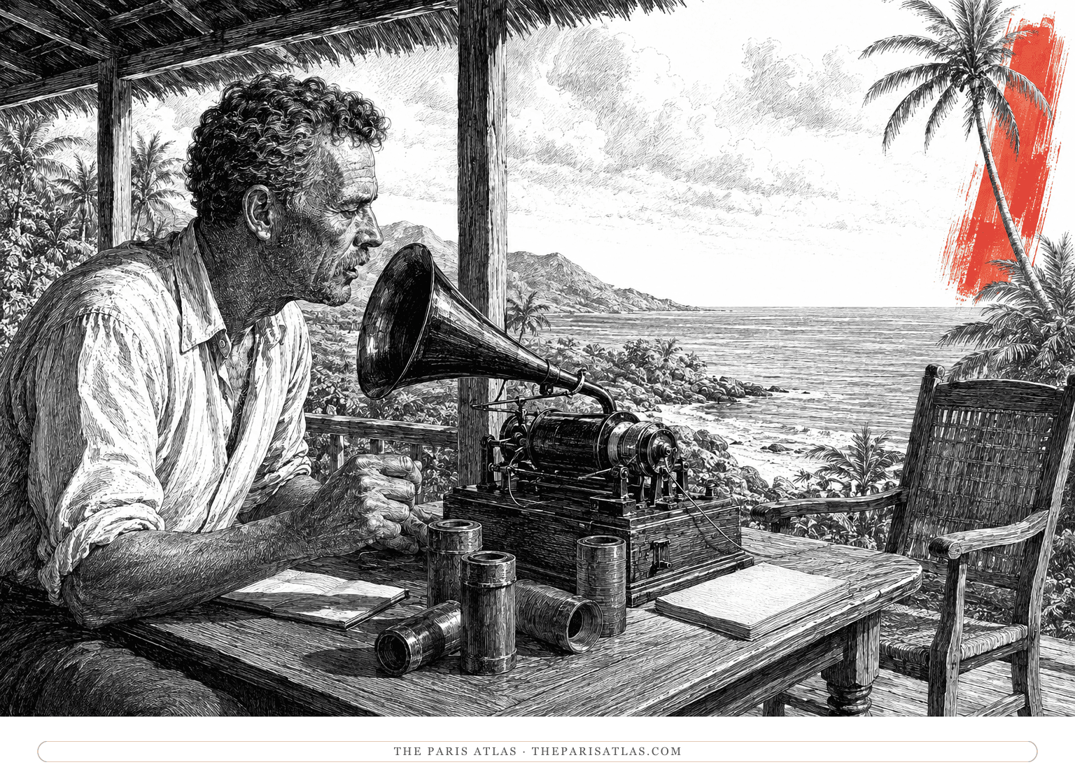An older Dan Yack dictates toward a recording horn on a Pacific veranda beside a vertical coral-red brushstroke.