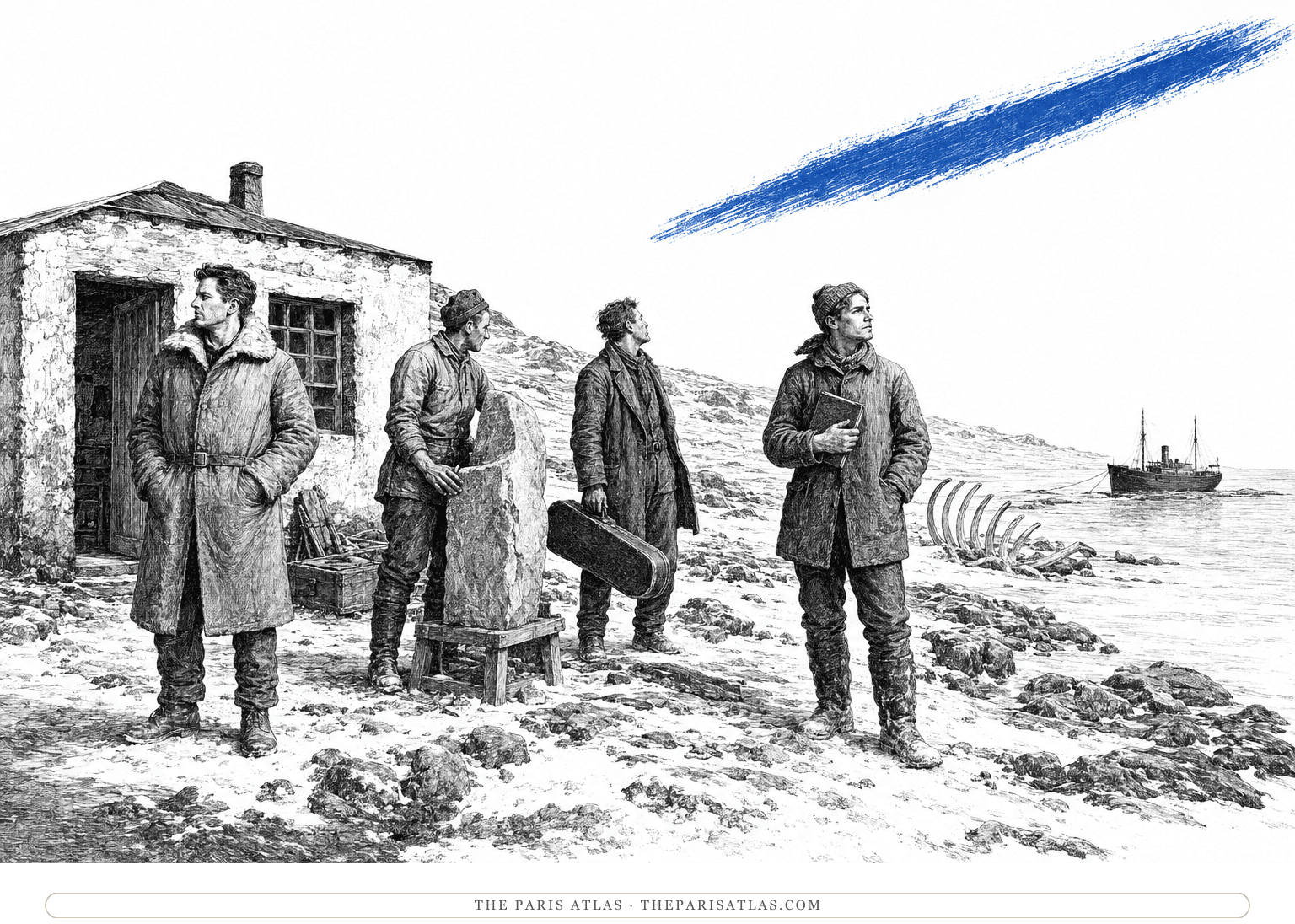 Dan Yack and three artists stand apart on a sub-Antarctic shore beneath a long cobalt-blue brushstroke.