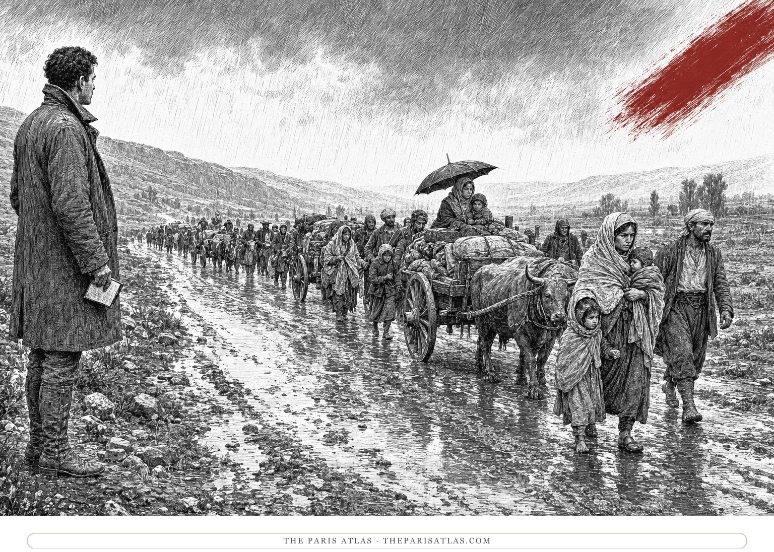 A civilian refugee column advances along the rain-soaked Karagatch road as Hemingway watches beneath an oxblood diagonal brushstroke.