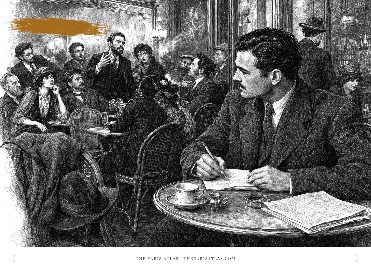 Young Hemingway writes at a Montparnasse café while studying a bohemian crowd beneath a low ochre brushstroke.